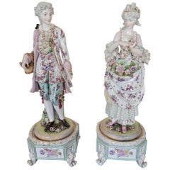 Huge Pair of Meissen Style Hand-Painted Porcelain Figures