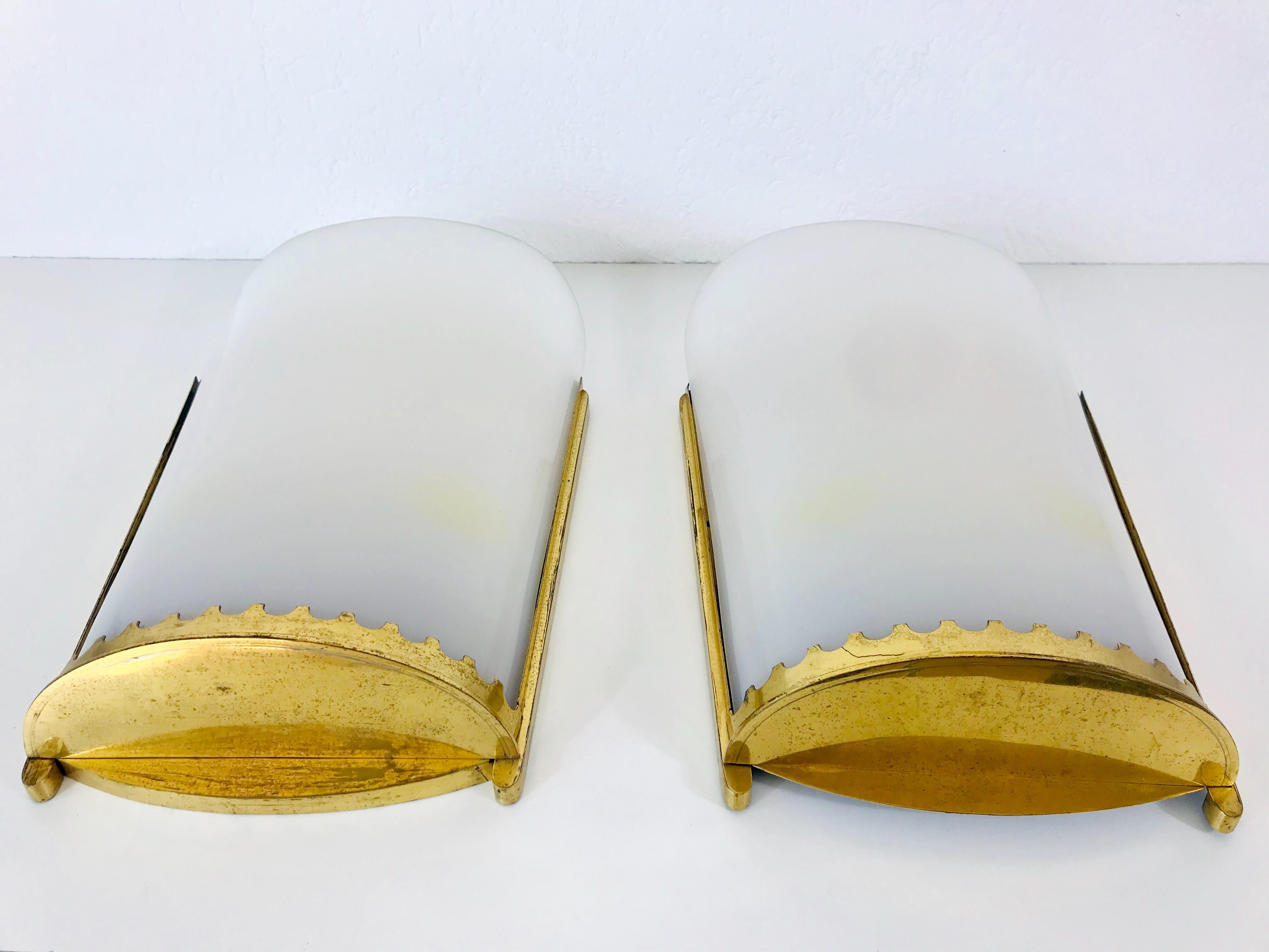 Mid-20th Century Huge Pair of Mid-Century Modern Brass and Perspex Cinema Wall Lamps, 1950s For Sale