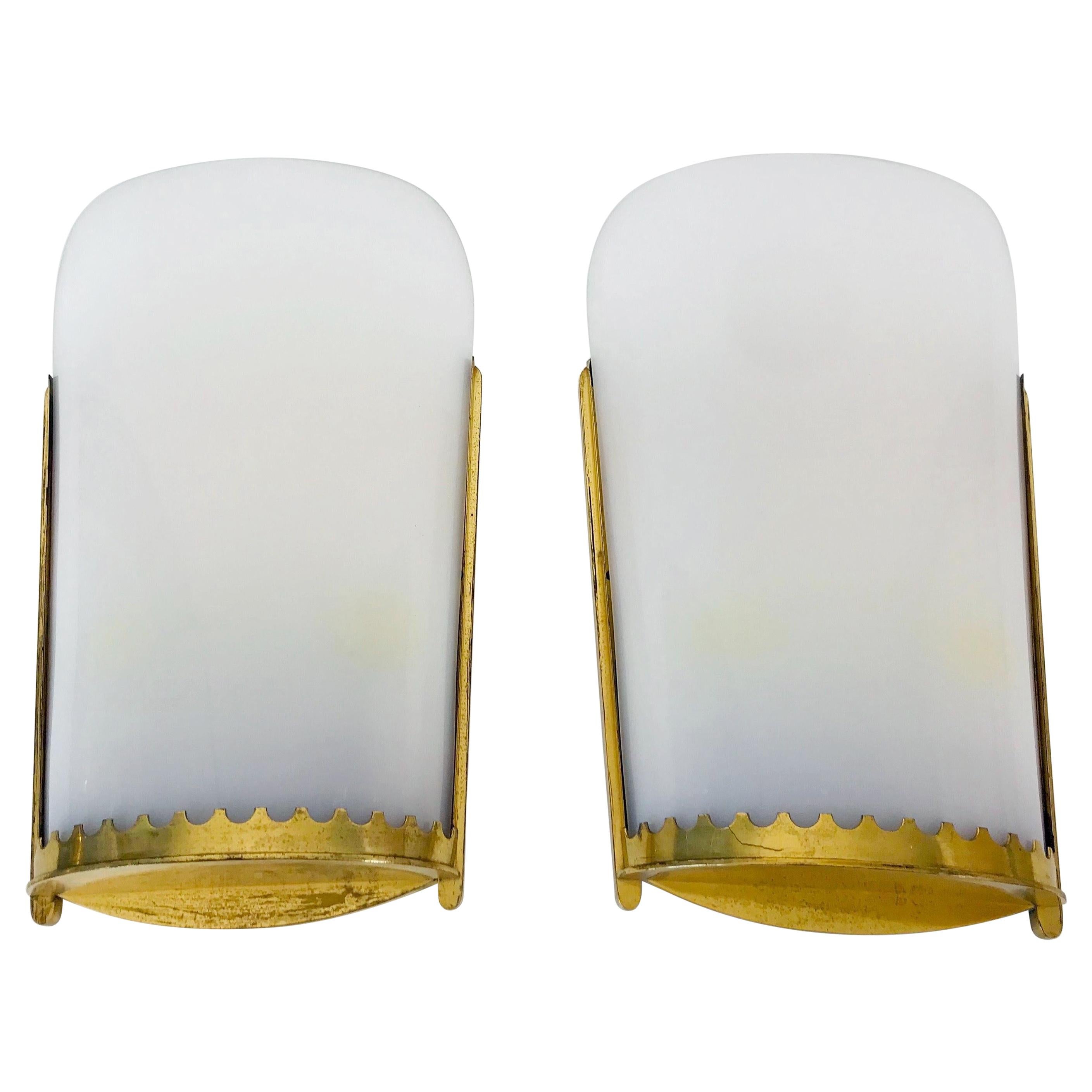 Huge Pair of Mid-Century Modern Brass and Perspex Cinema Wall Lamps, 1950s For Sale