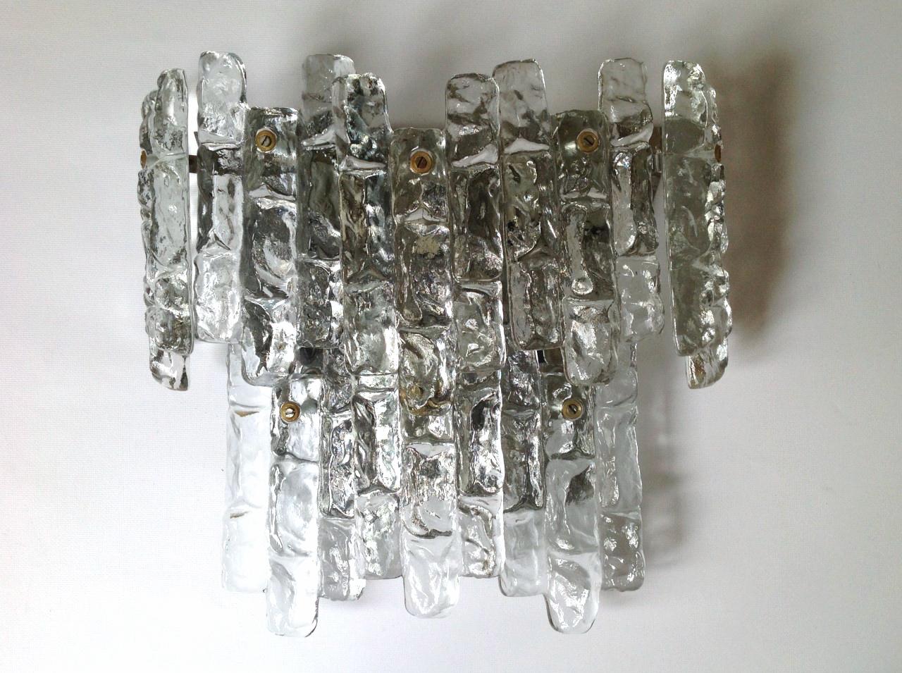 Metal Huge Pair of Midcentury Austrian Ice-Glass Wall Sconces by Kalmar, 1960s