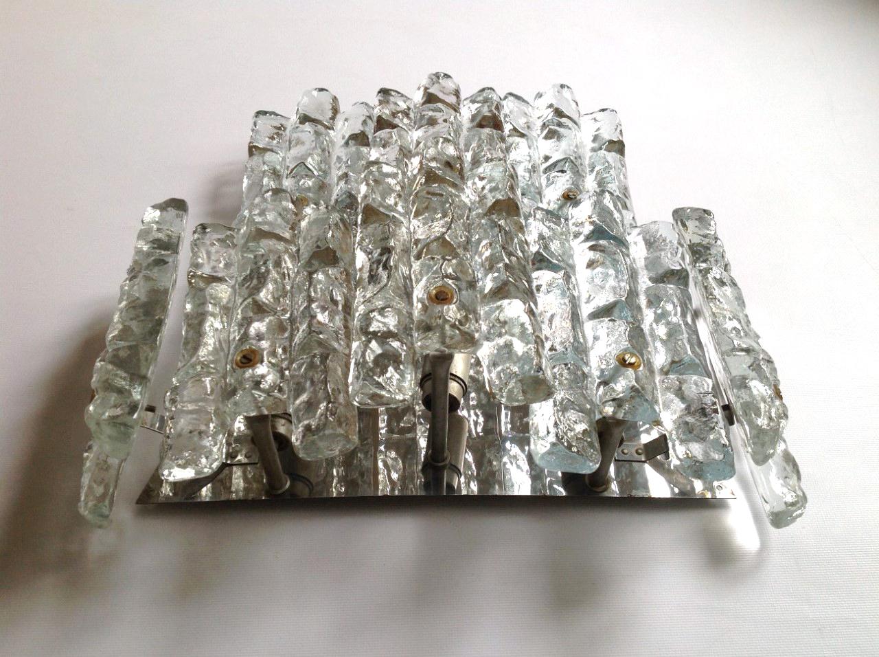 Huge Pair of Midcentury Austrian Ice-Glass Wall Sconces by Kalmar, 1960s 2