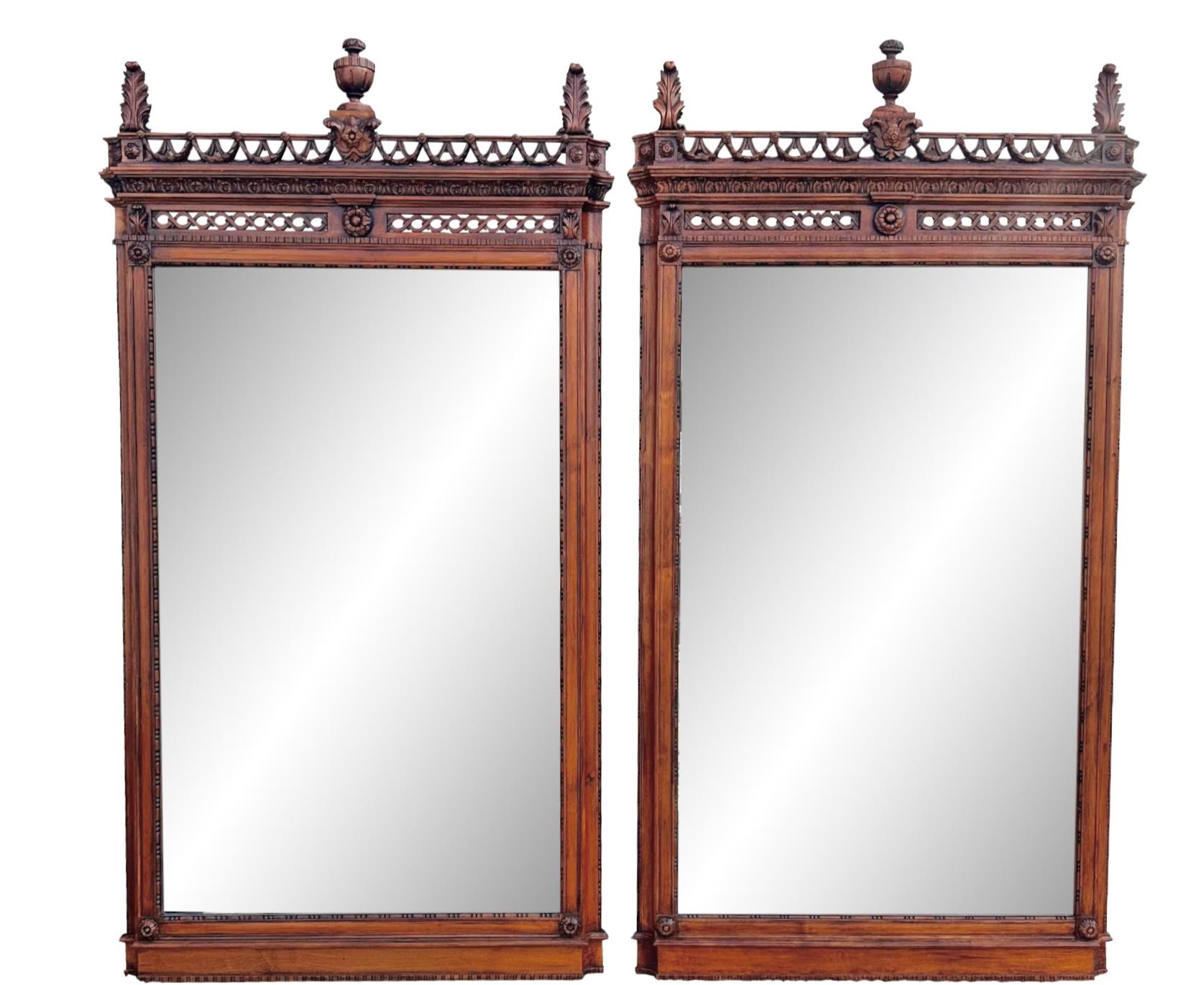 Huge Pair of Regency Style Carved Walnut Full Length Wall Mirrors For Sale