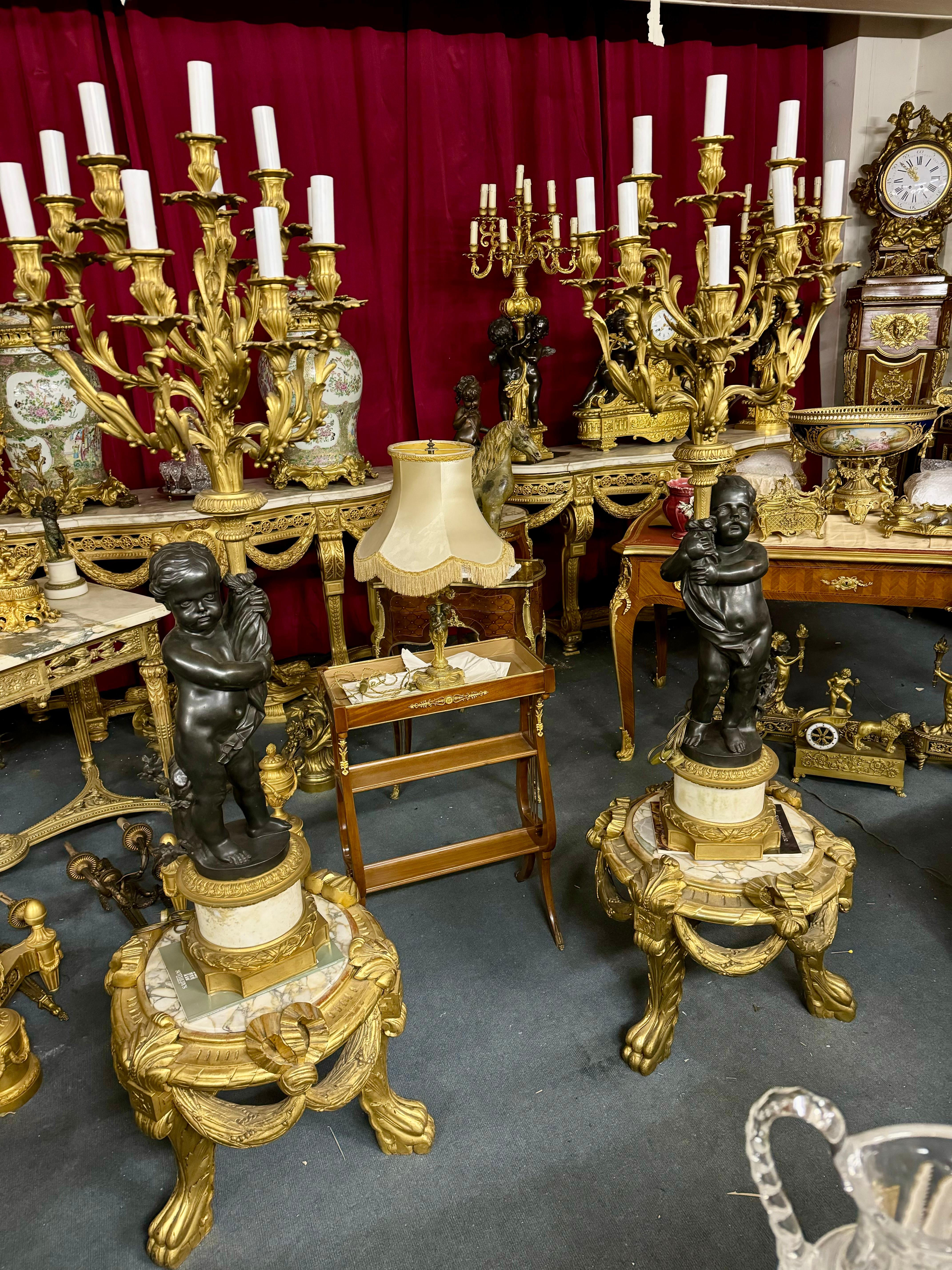 Late 19th Century Huge pair of torcheres figurative, bronze and marble For Sale