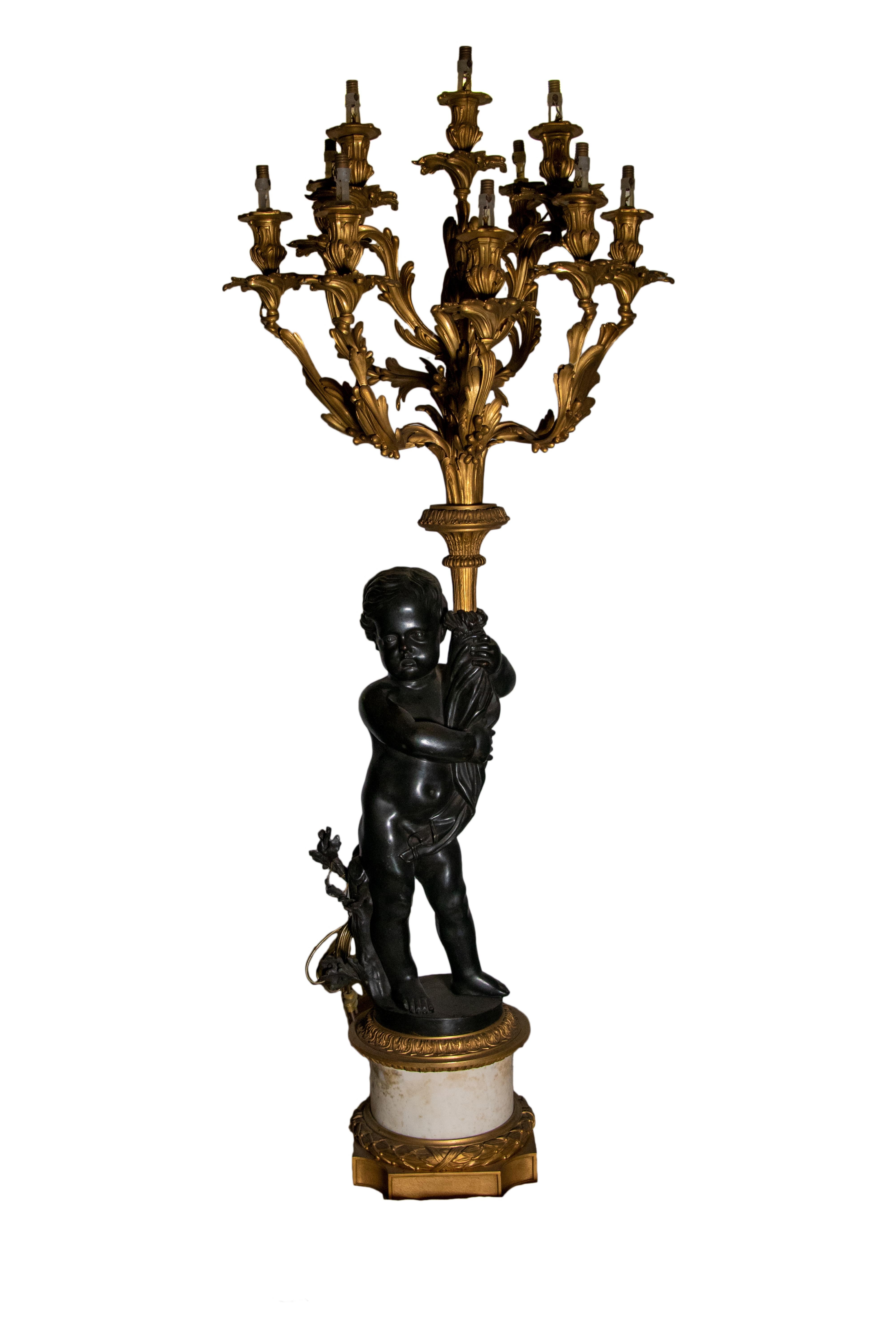 Bronze Huge pair of torcheres figurative, bronze and marble For Sale
