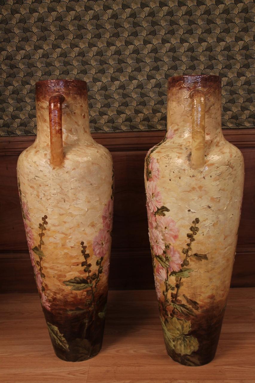 Art Nouveau Huge Pair Of Vases By Delphin Massier Vallauris 19th Century 93 Cm In Height For Sale