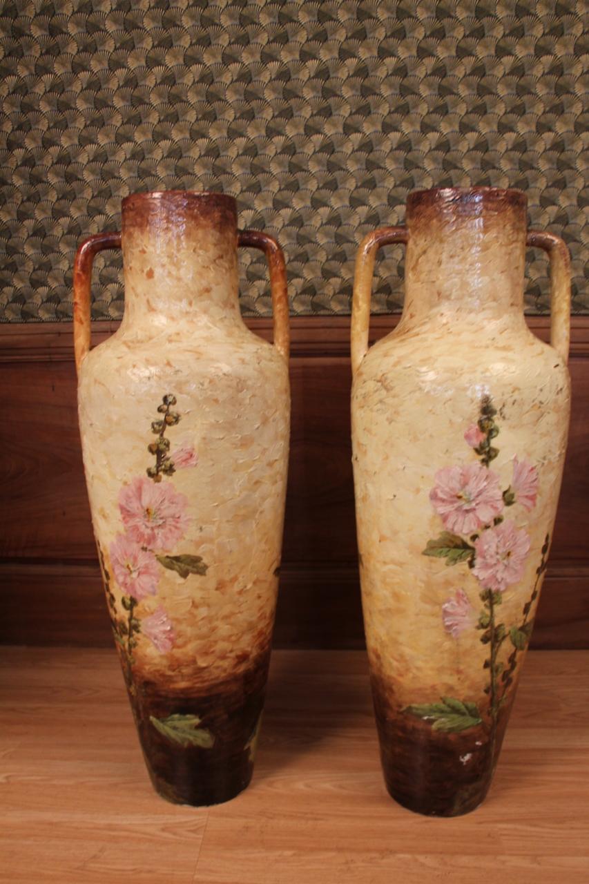 French Huge Pair Of Vases By Delphin Massier Vallauris 19th Century 93 Cm In Height For Sale