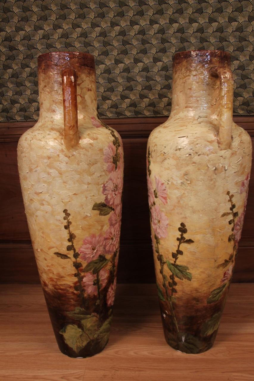 Huge Pair Of Vases By Delphin Massier Vallauris 19th Century 93 Cm In Height In Fair Condition For Sale In charmes, FR