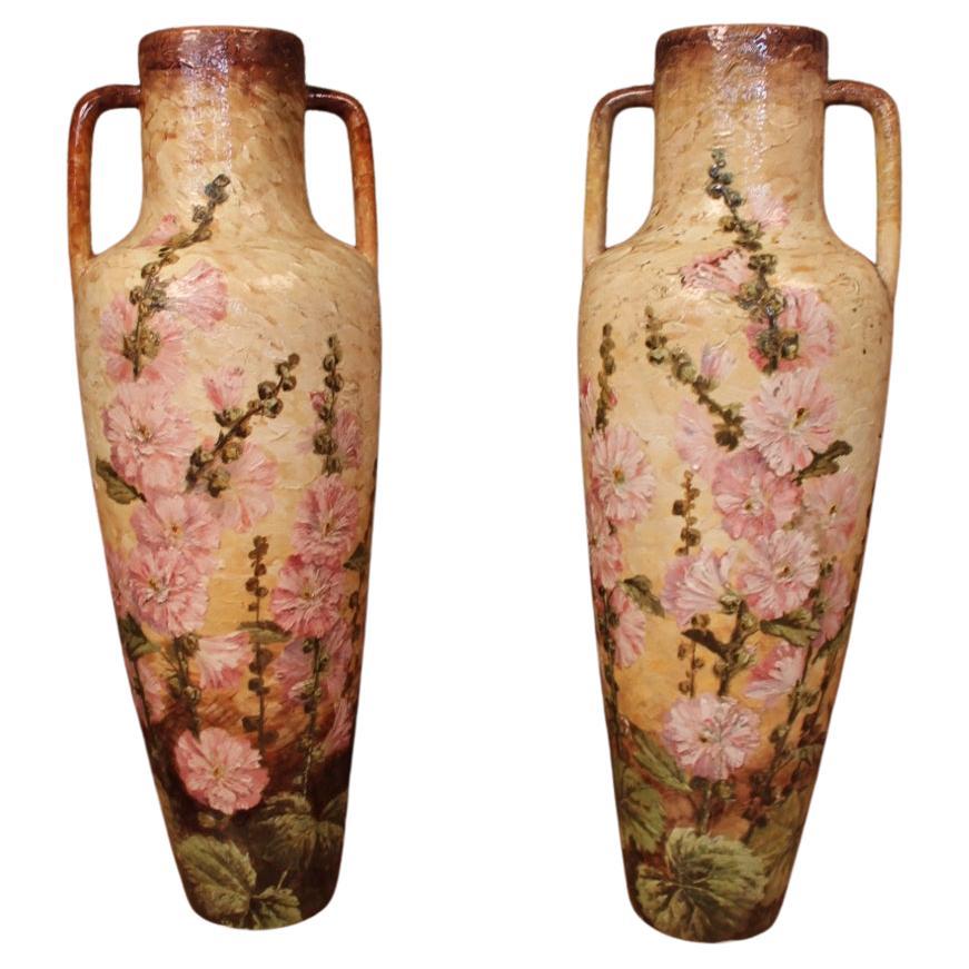 Huge Pair Of Vases By Delphin Massier Vallauris 19th Century 93 Cm In Height For Sale
