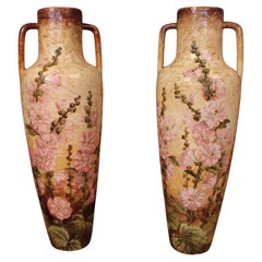 Vintage Huge Pair Of Vases By Delphin Massier Vallauris 19th Century 93 Cm In Height