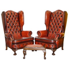 Antique Huge Pair of Victorian Chesterfield Restored Brown Leather Armchairs & Footstool