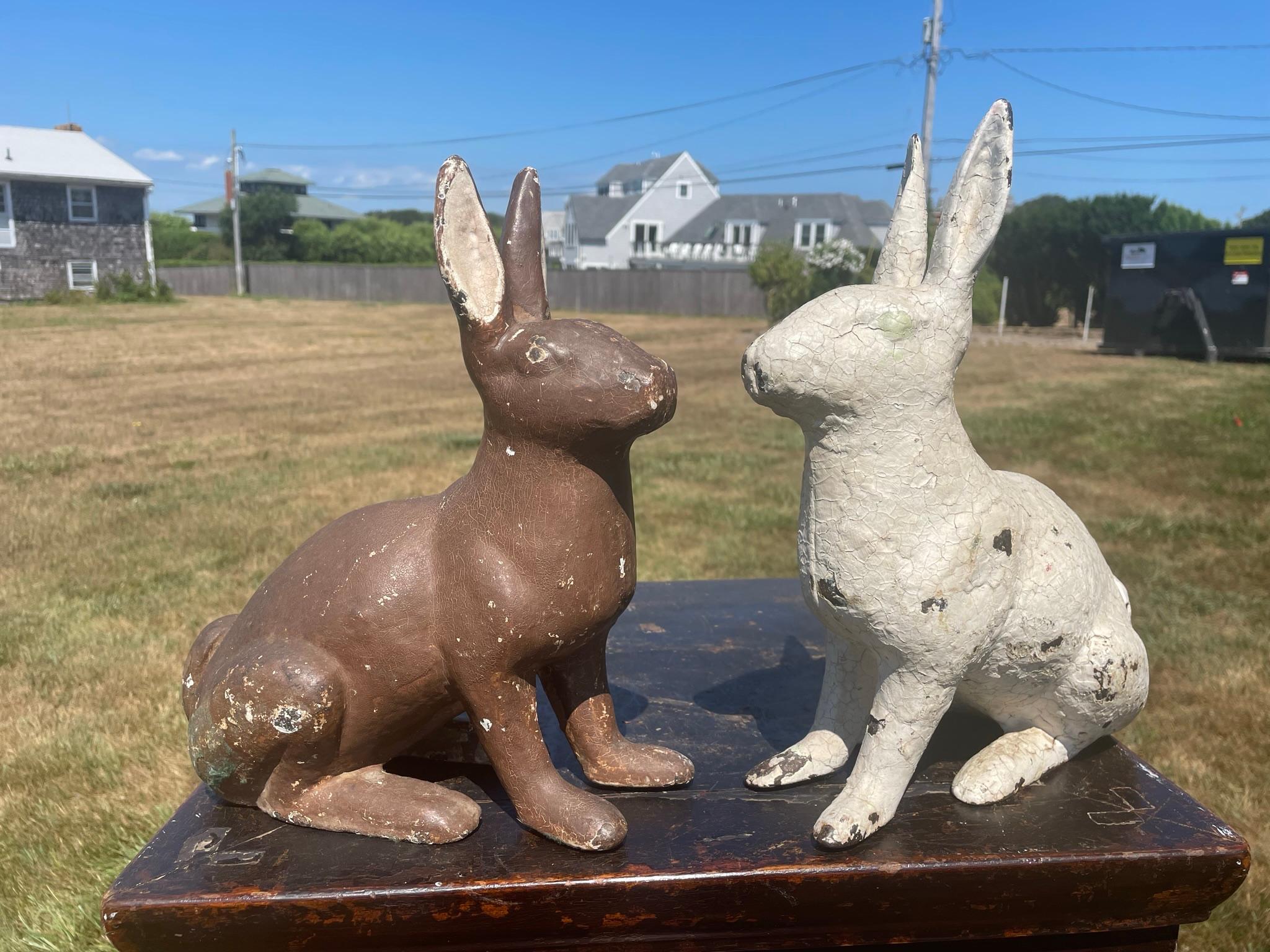 Arts and Crafts Huge Pair Vintage Garden Rabbits Usagi in Old Paint For Sale
