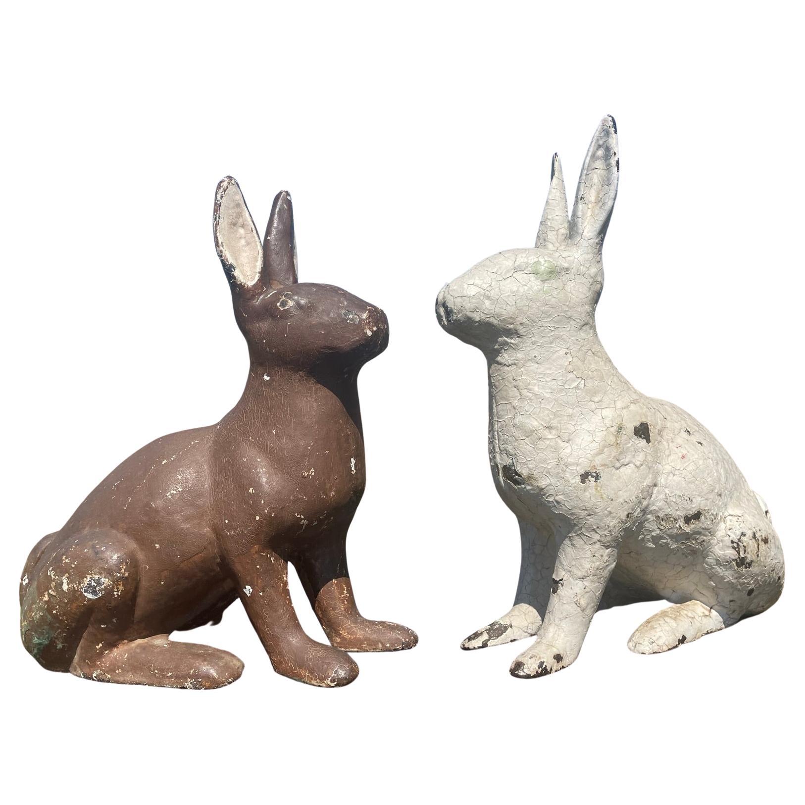 Huge Pair Vintage Garden Rabbits Usagi in Old Paint For Sale