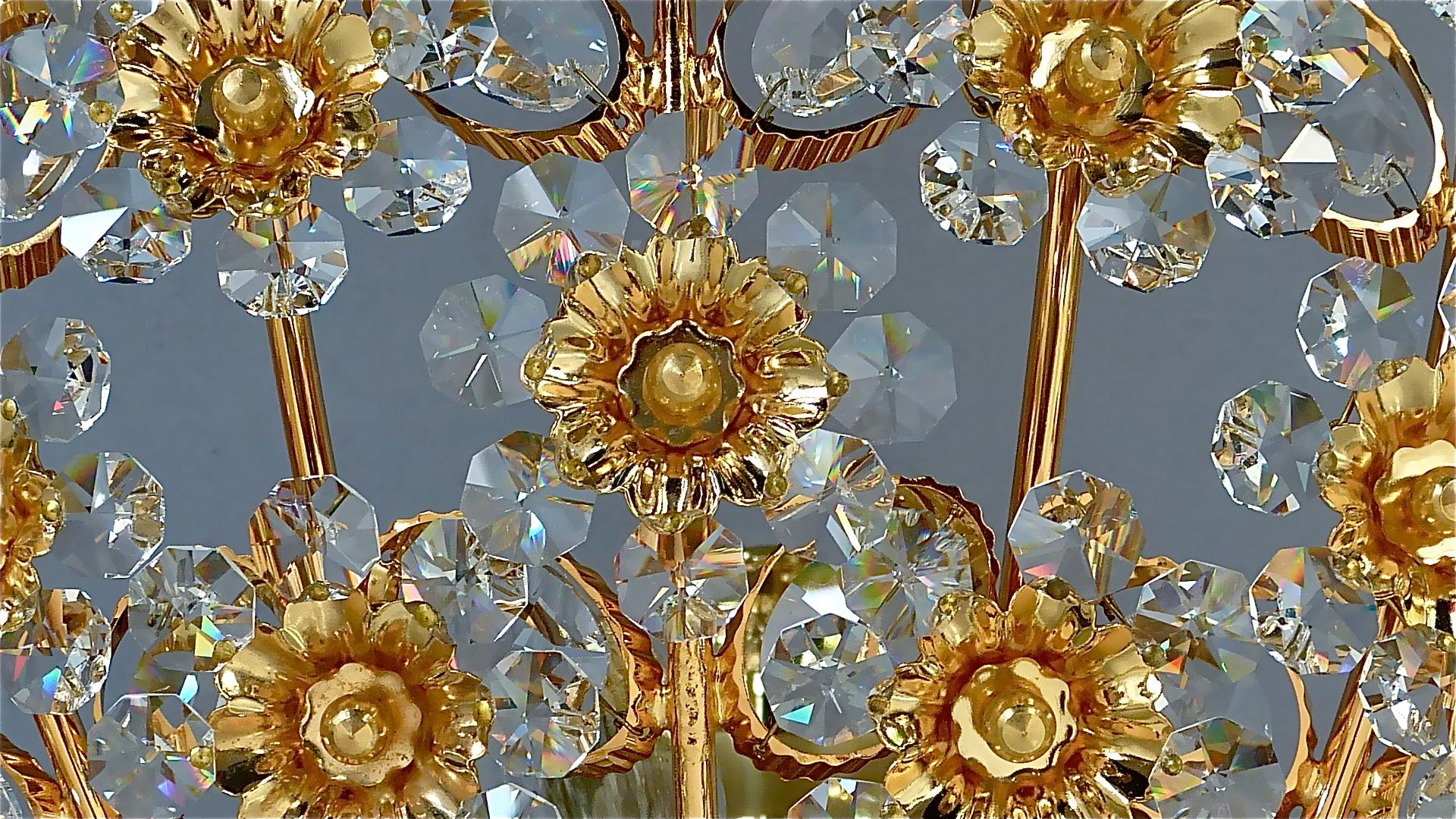 Huge Palwa Flush Mount Chandelier Gilt Brass Floral Flower Bouquet Crystals 1960 3