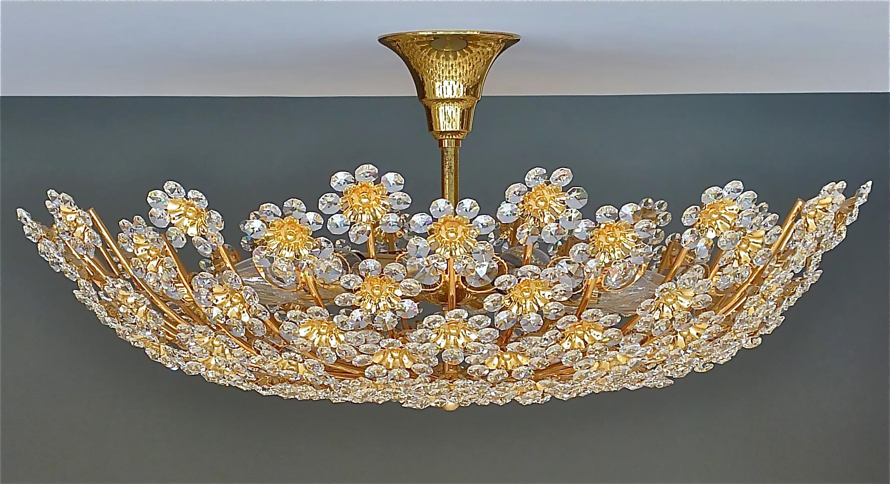 Huge Palwa Flush Mount Chandelier Gilt Brass Floral Flower Bouquet Crystals 1960 6