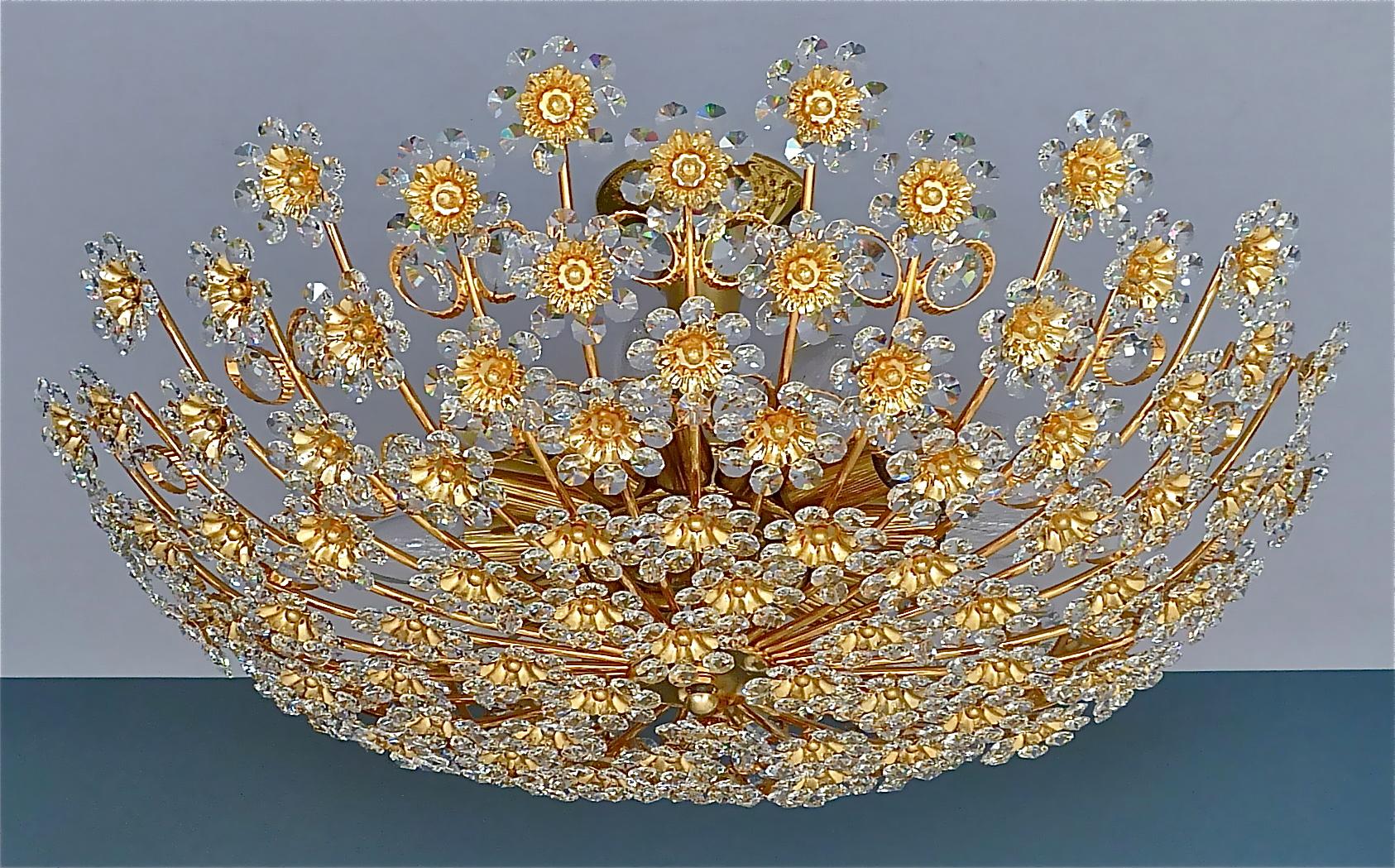 Huge Palwa Flush Mount Chandelier Gilt Brass Floral Flower Bouquet Crystals 1960 8