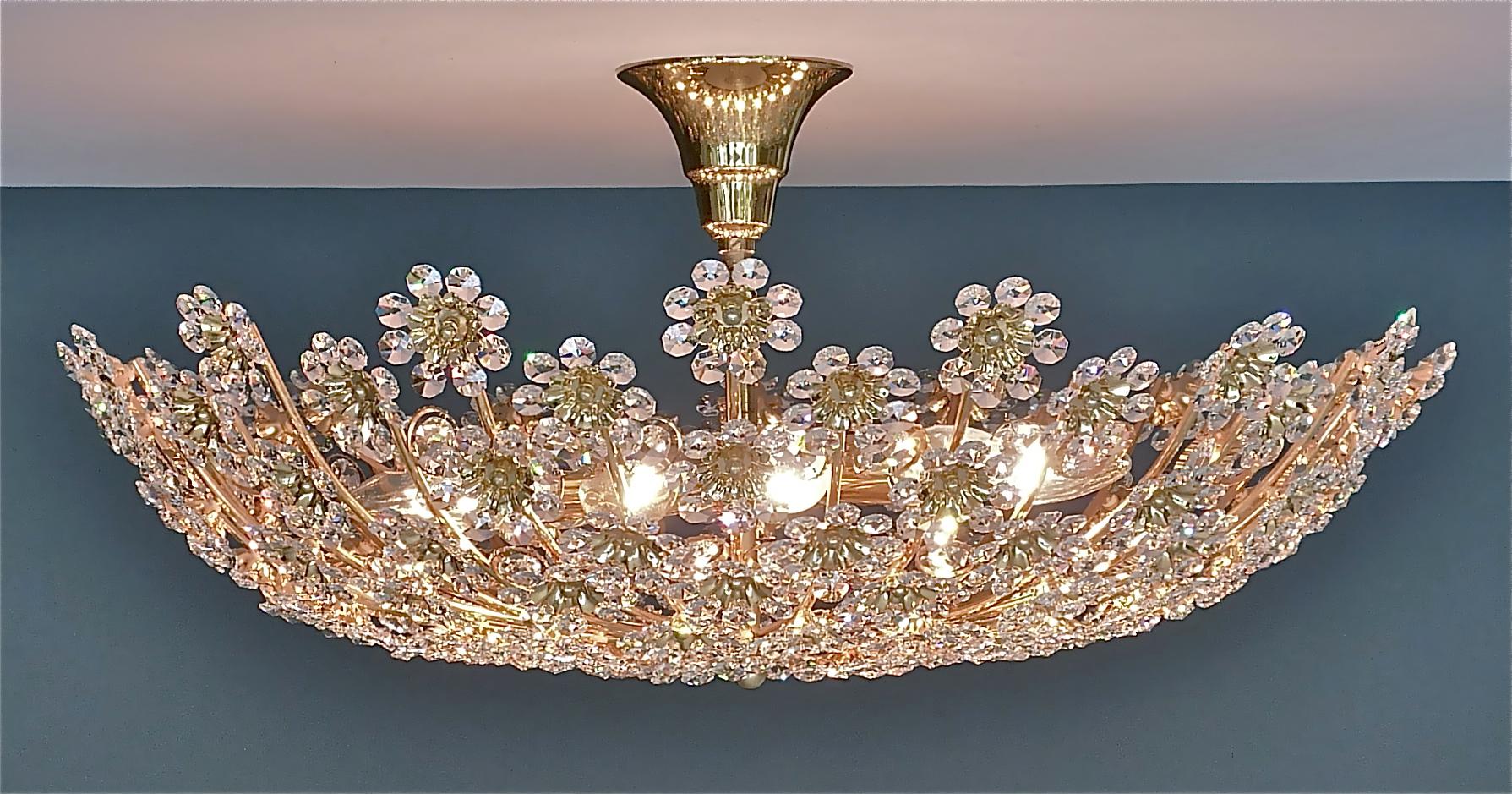 Huge Palwa Flush Mount Chandelier Gilt Brass Floral Flower Bouquet Crystals 1960 11