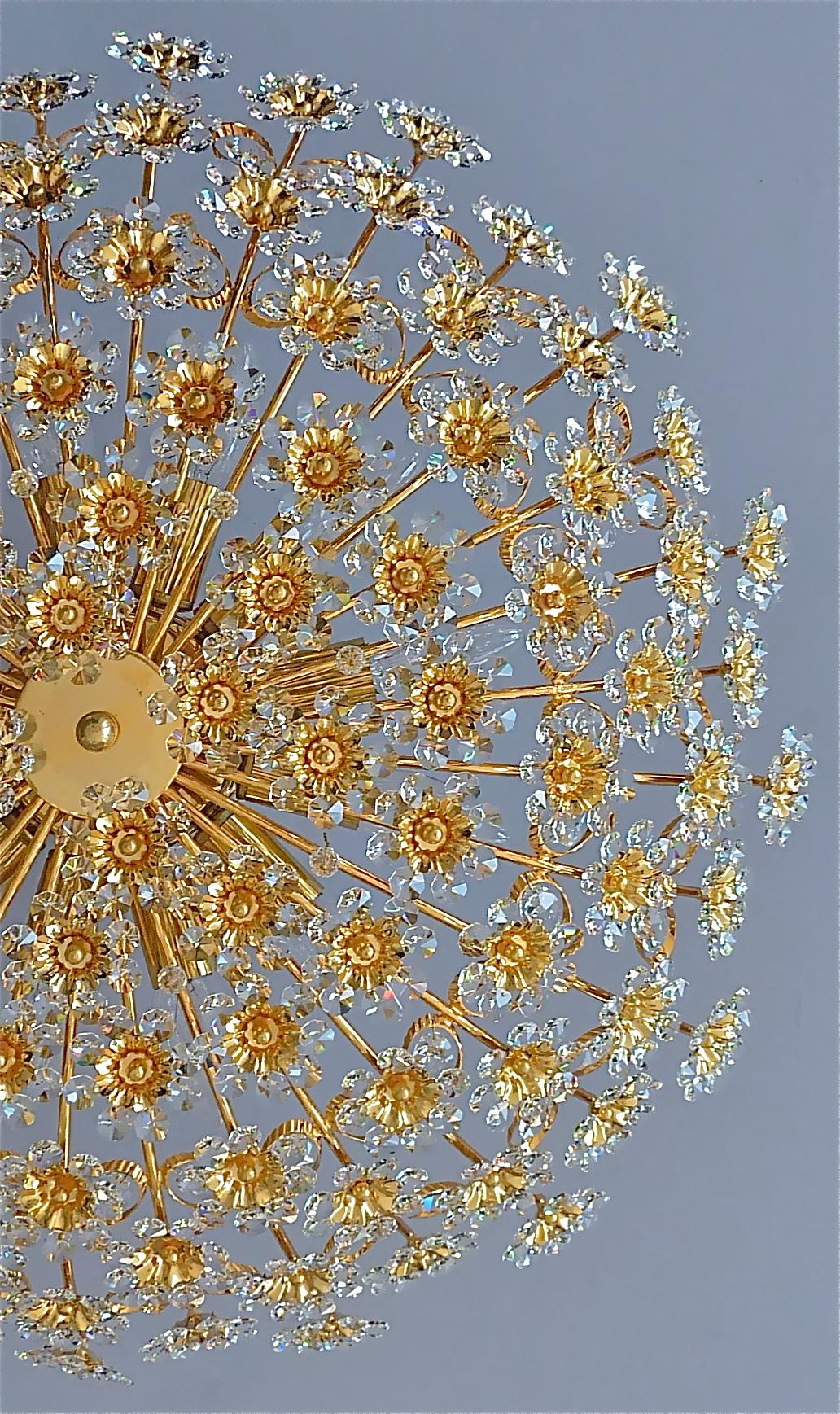 Faceted Huge Palwa Flush Mount Chandelier Gilt Brass Floral Flower Bouquet Crystals 1960