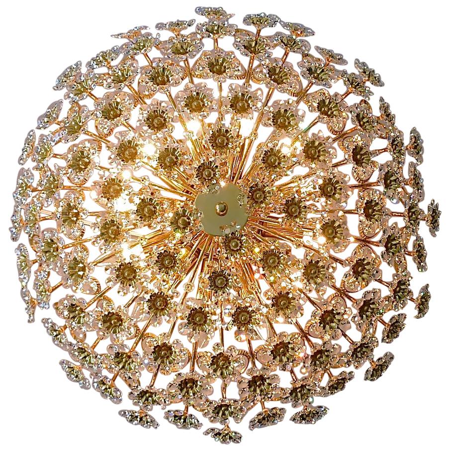 Huge Palwa Flush Mount Chandelier Gilt Brass Floral Flower Bouquet Crystals 1960