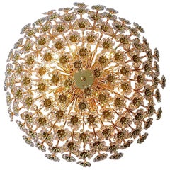 Huge Palwa Flush Mount Chandelier Gilt Brass Floral Flower Bouquet Crystals 1960