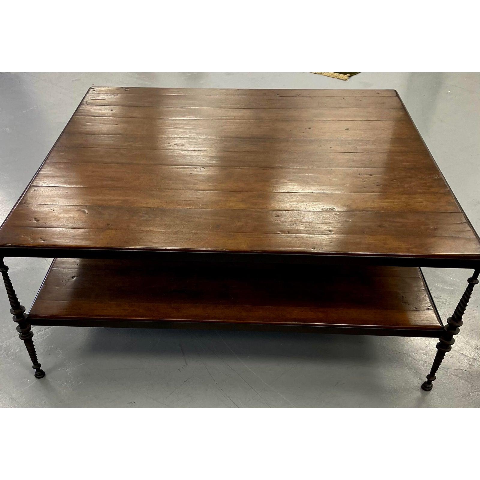 Huge Paul Ferrante wrought iron & walnut square coffee table.