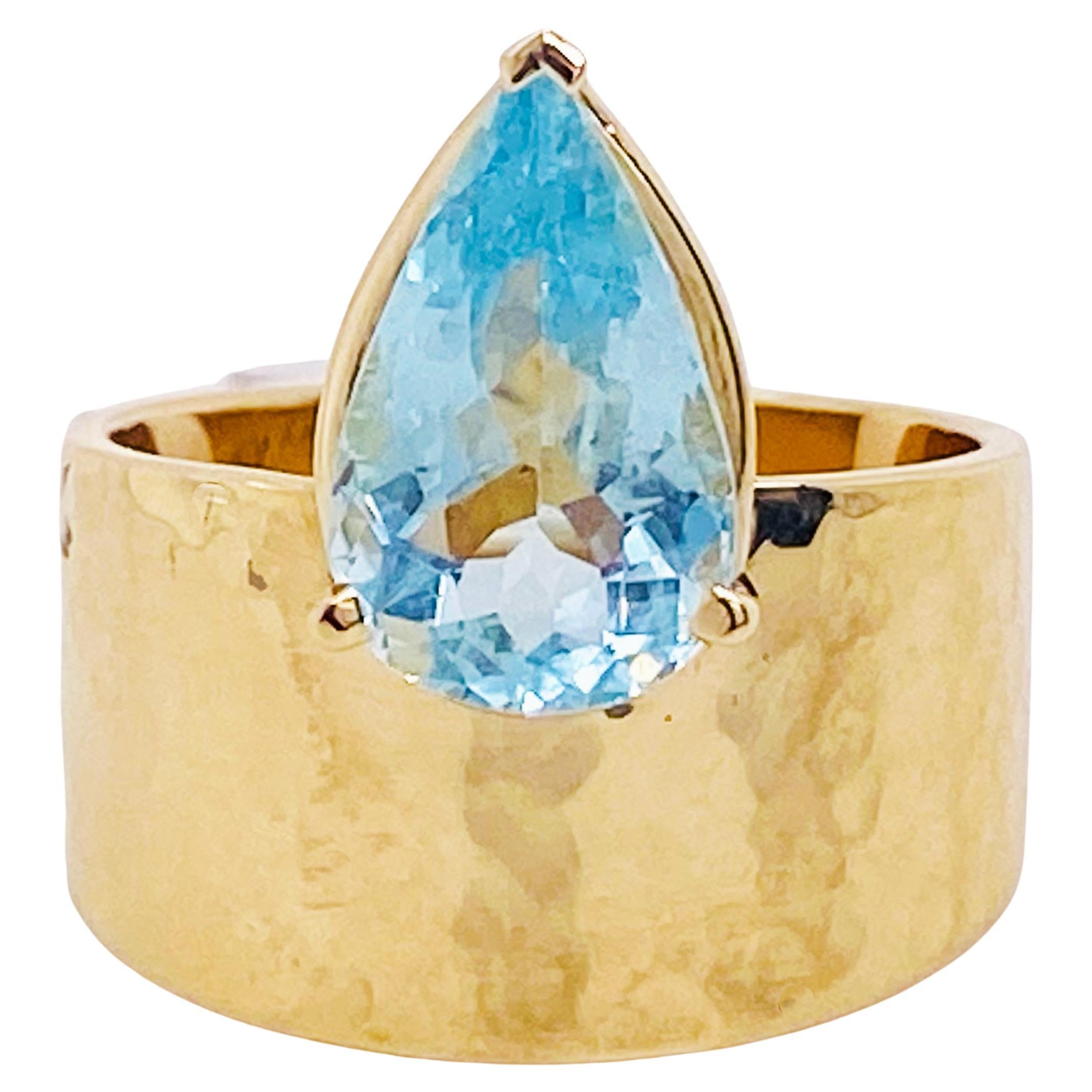 Huge Pear Aquamarine Ring 2.69 Carats Hammered Wide Band Aqua Sizable For Sale