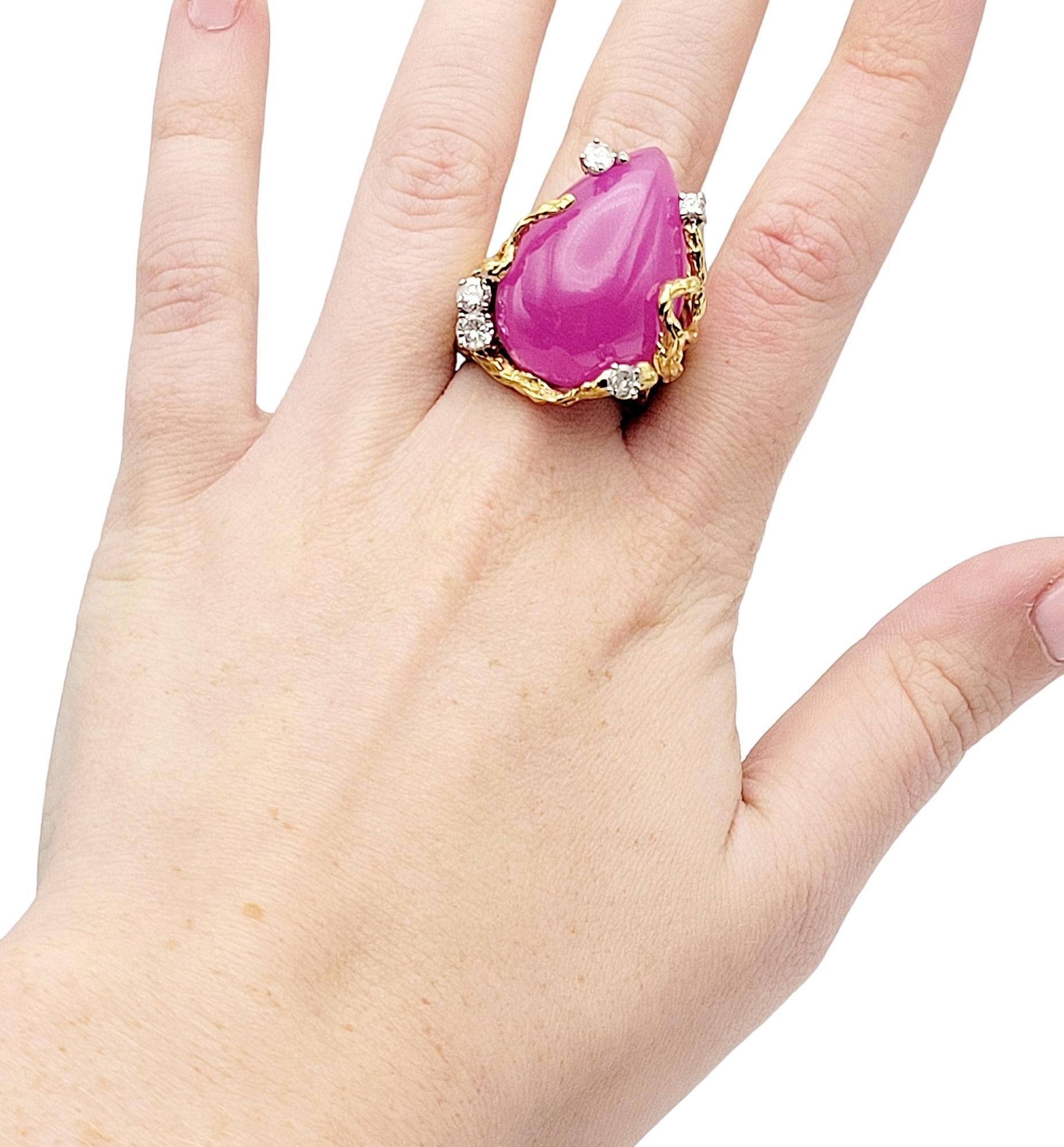 Huge Pear Cabochon Lab Created Pink Sapphire Branch Design Ring in 14 Karat Gold 7