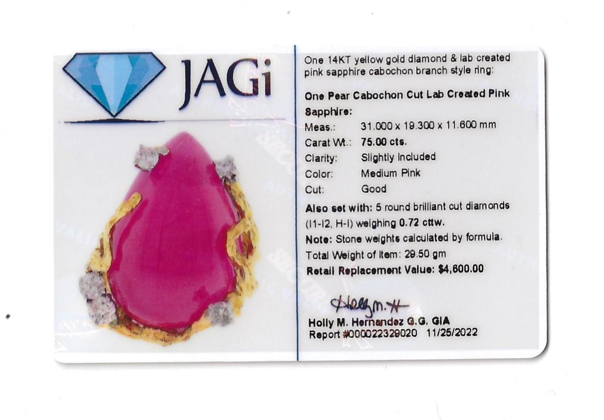 Huge Pear Cabochon Lab Created Pink Sapphire Branch Design Ring in 14 Karat Gold 9