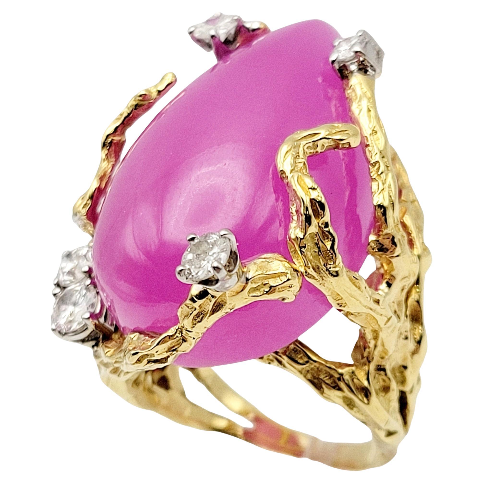 Contemporary Huge Pear Cabochon Lab Created Pink Sapphire Branch Design Ring in 14 Karat Gold