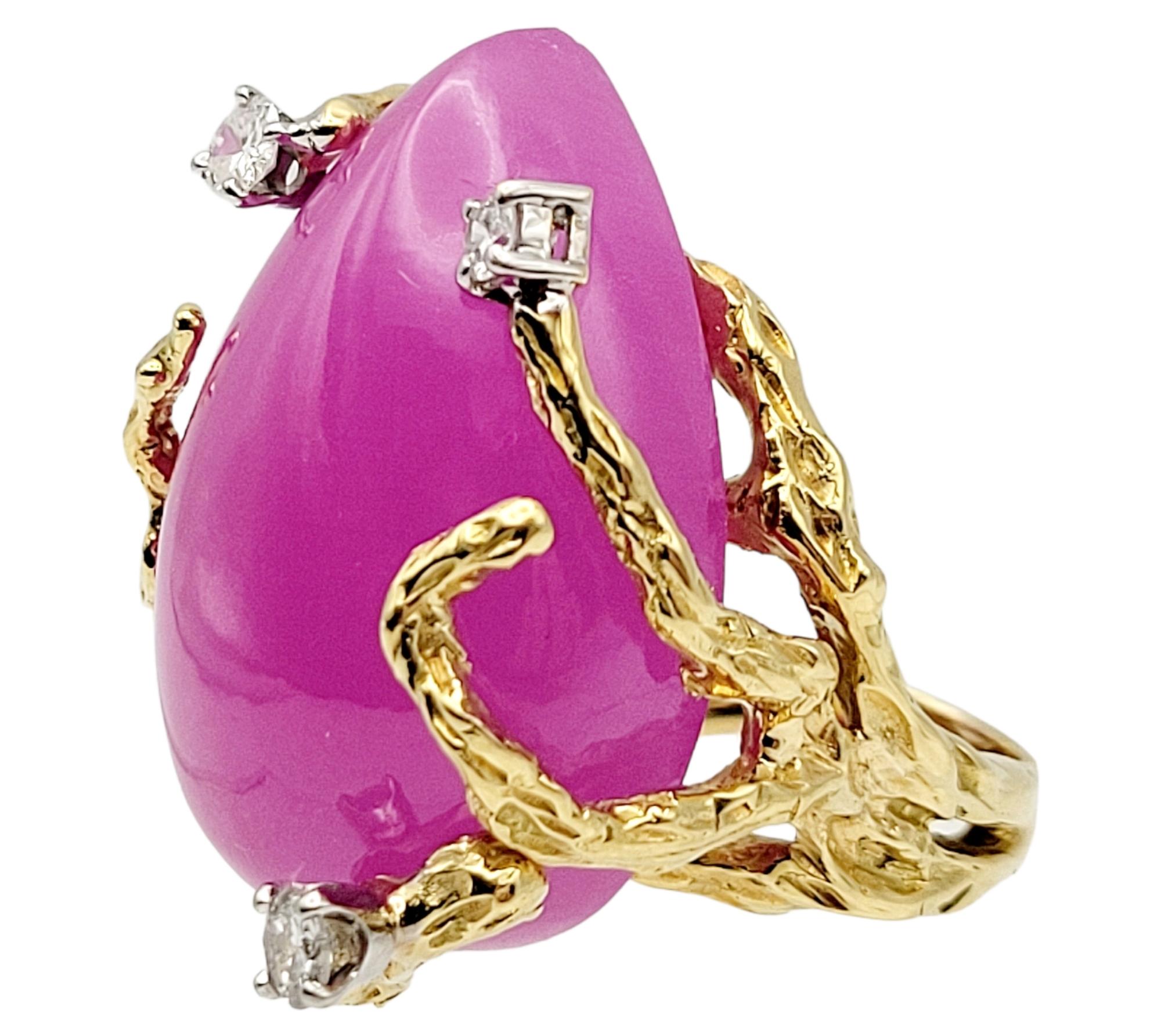 Huge Pear Cabochon Lab Created Pink Sapphire Branch Design Ring in 14 Karat Gold In Good Condition In Scottsdale, AZ