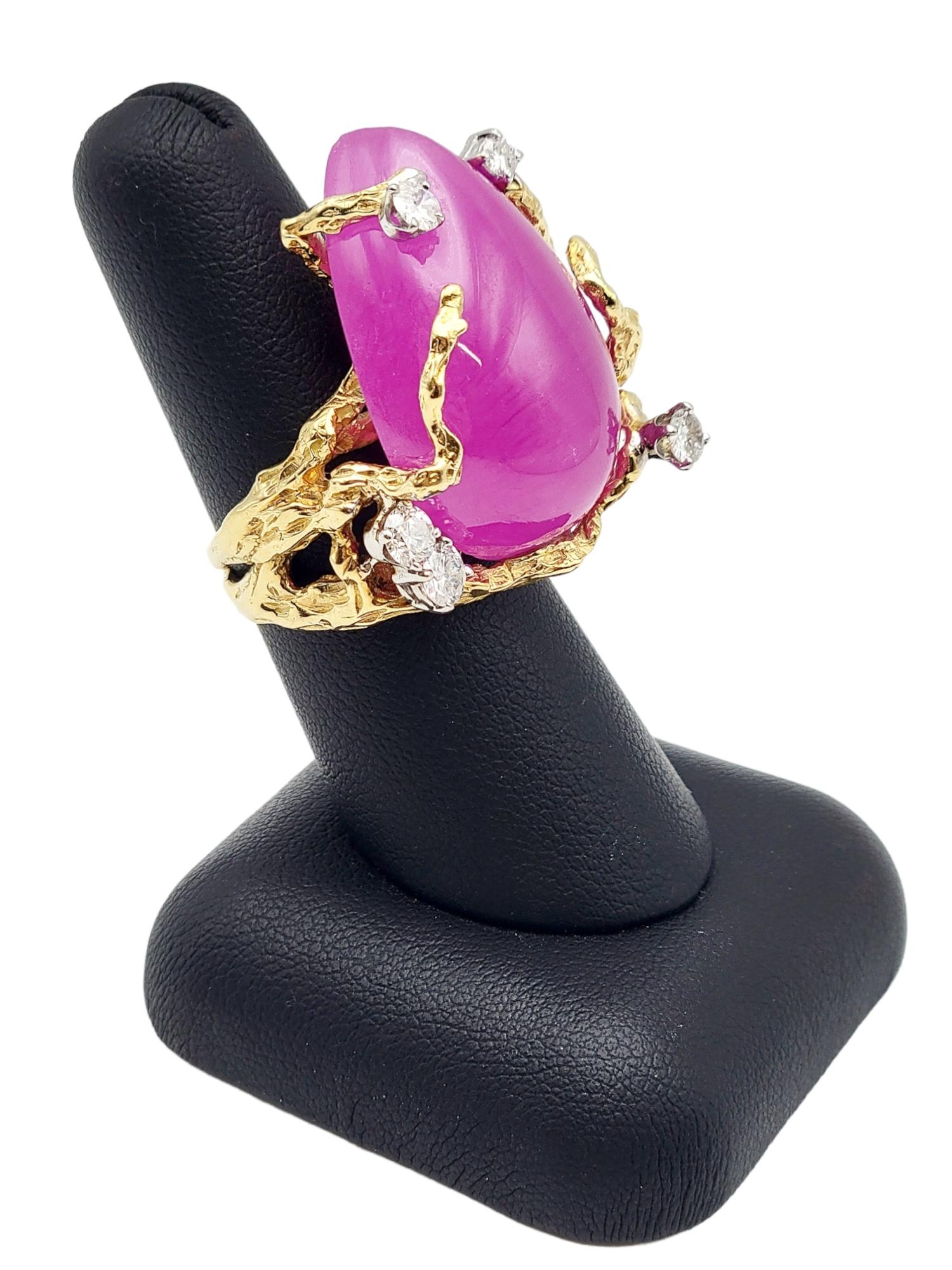 Huge Pear Cabochon Lab Created Pink Sapphire Branch Design Ring in 14 Karat Gold 4