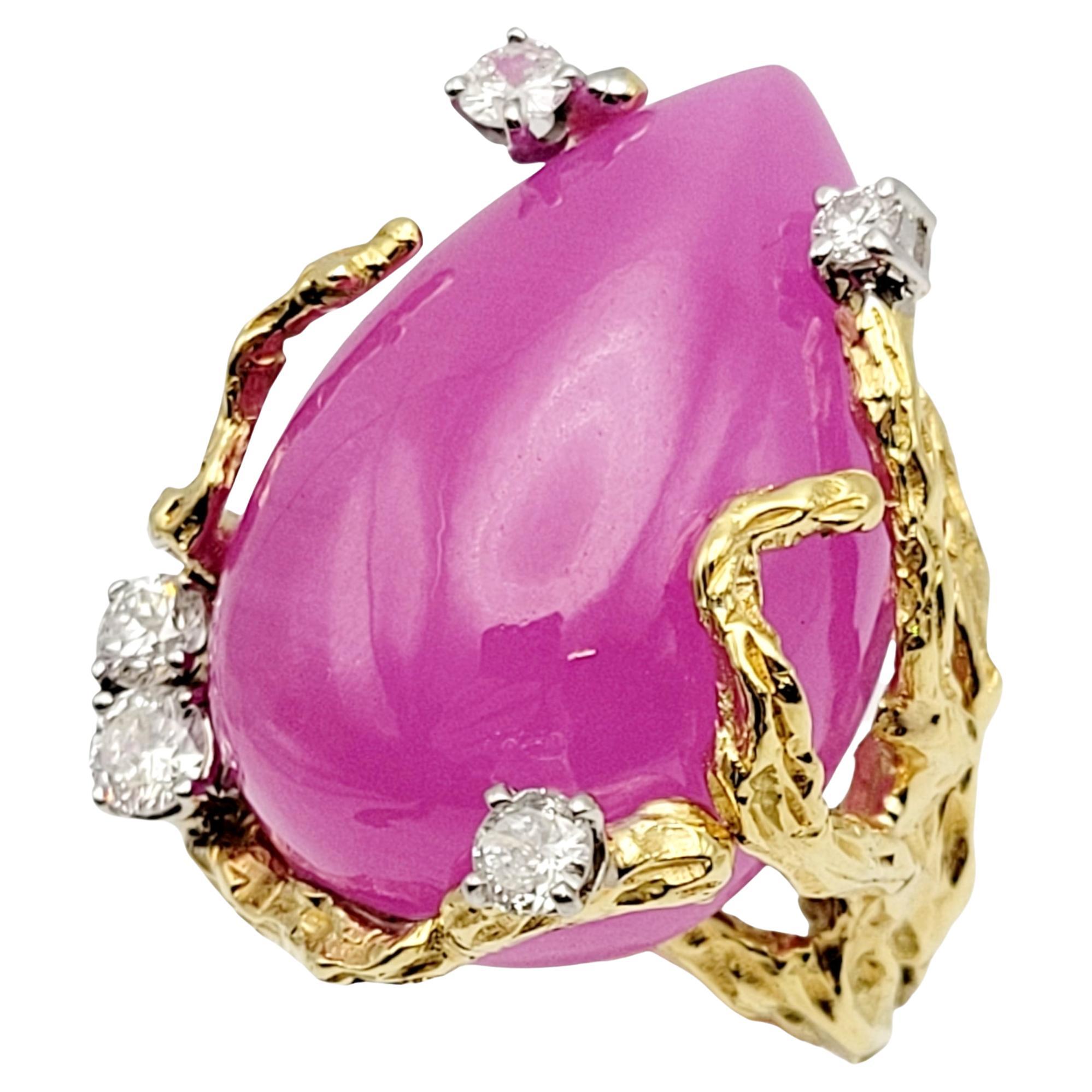 Huge Pear Cabochon Lab Created Pink Sapphire Branch Design Ring in 14 Karat Gold