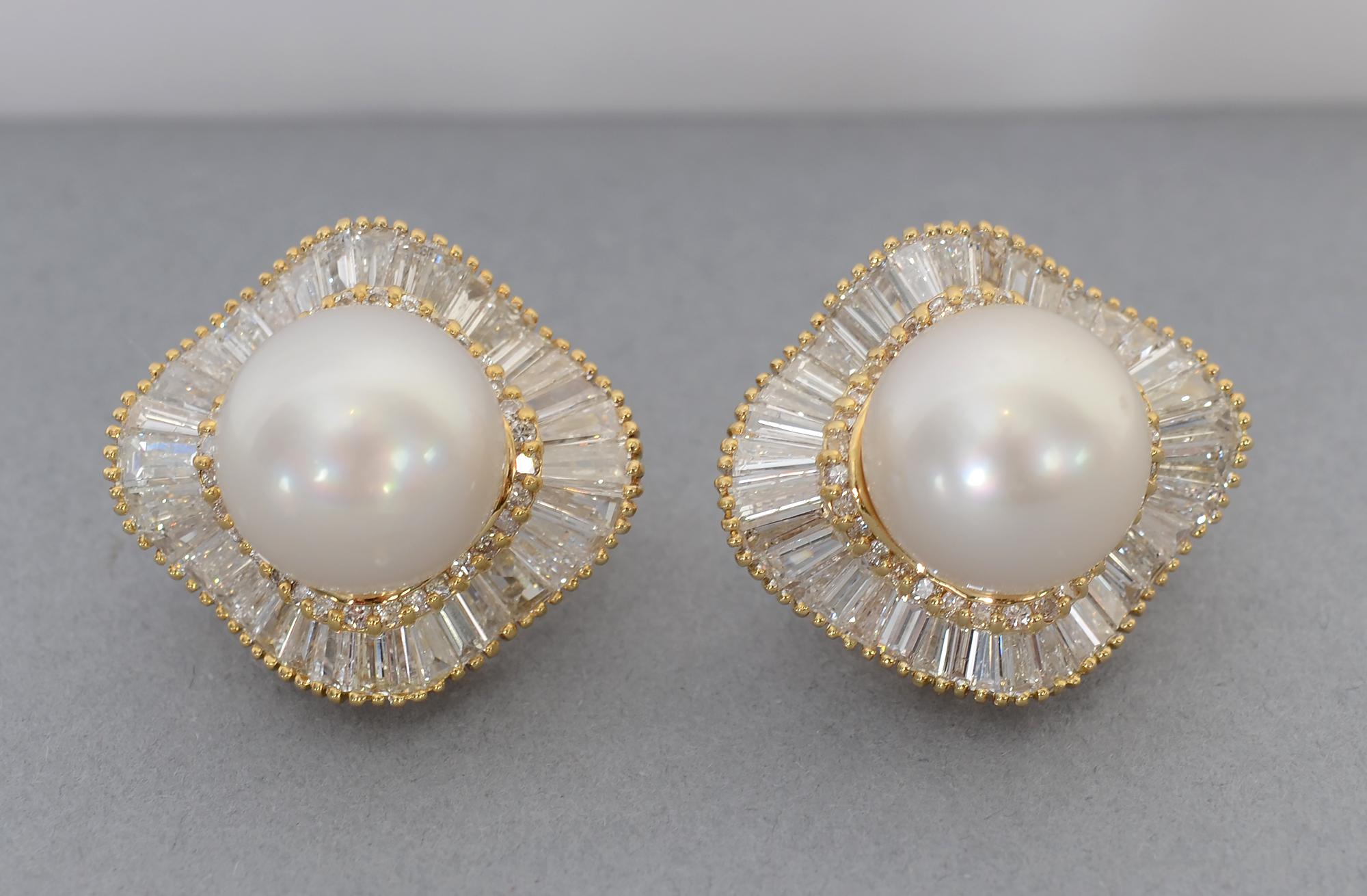 Modern Huge Pearl and Diamond Earrings