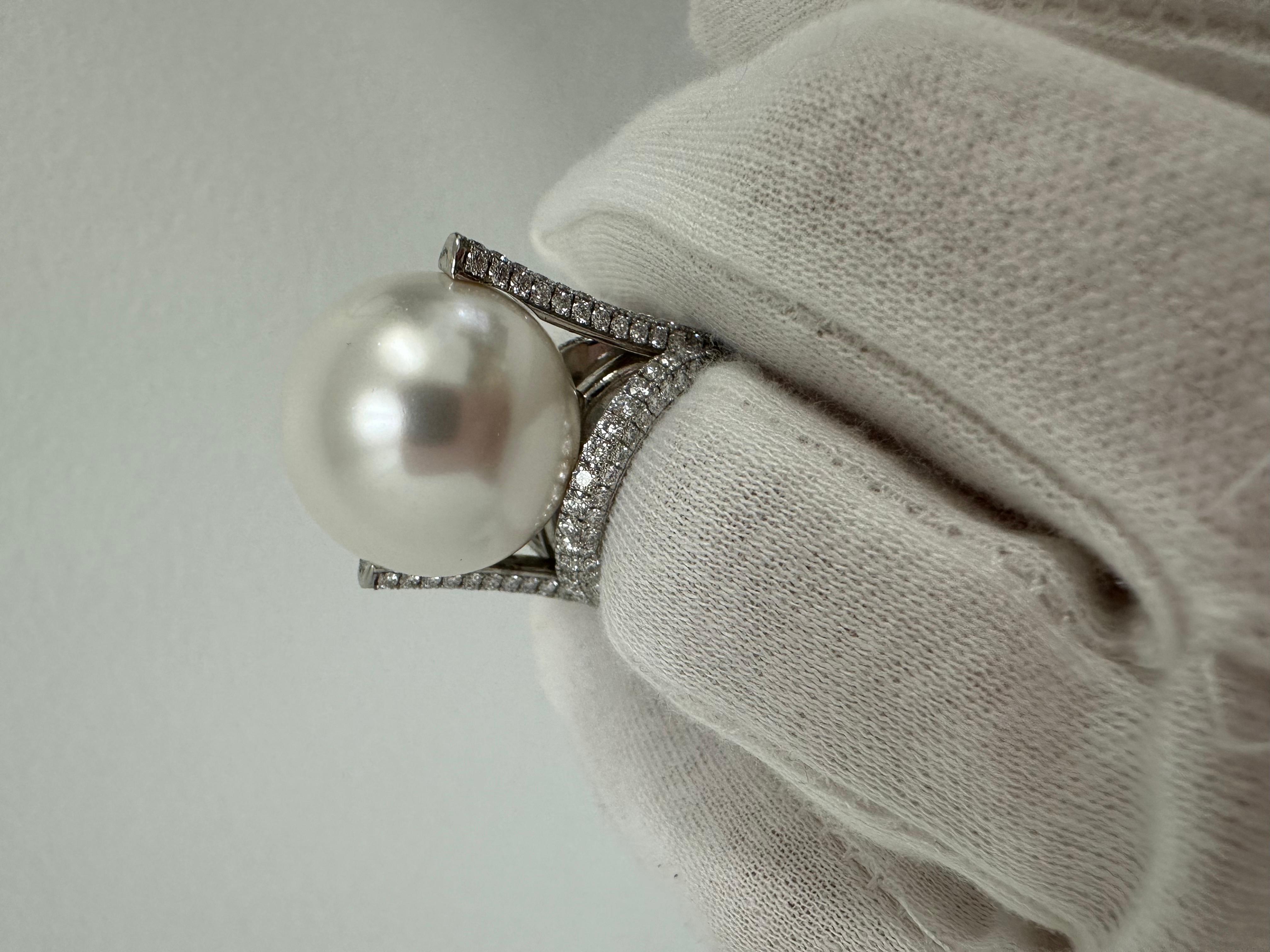Huge pearl diamond ring 18KT white gold cocktail ring  For Sale 12