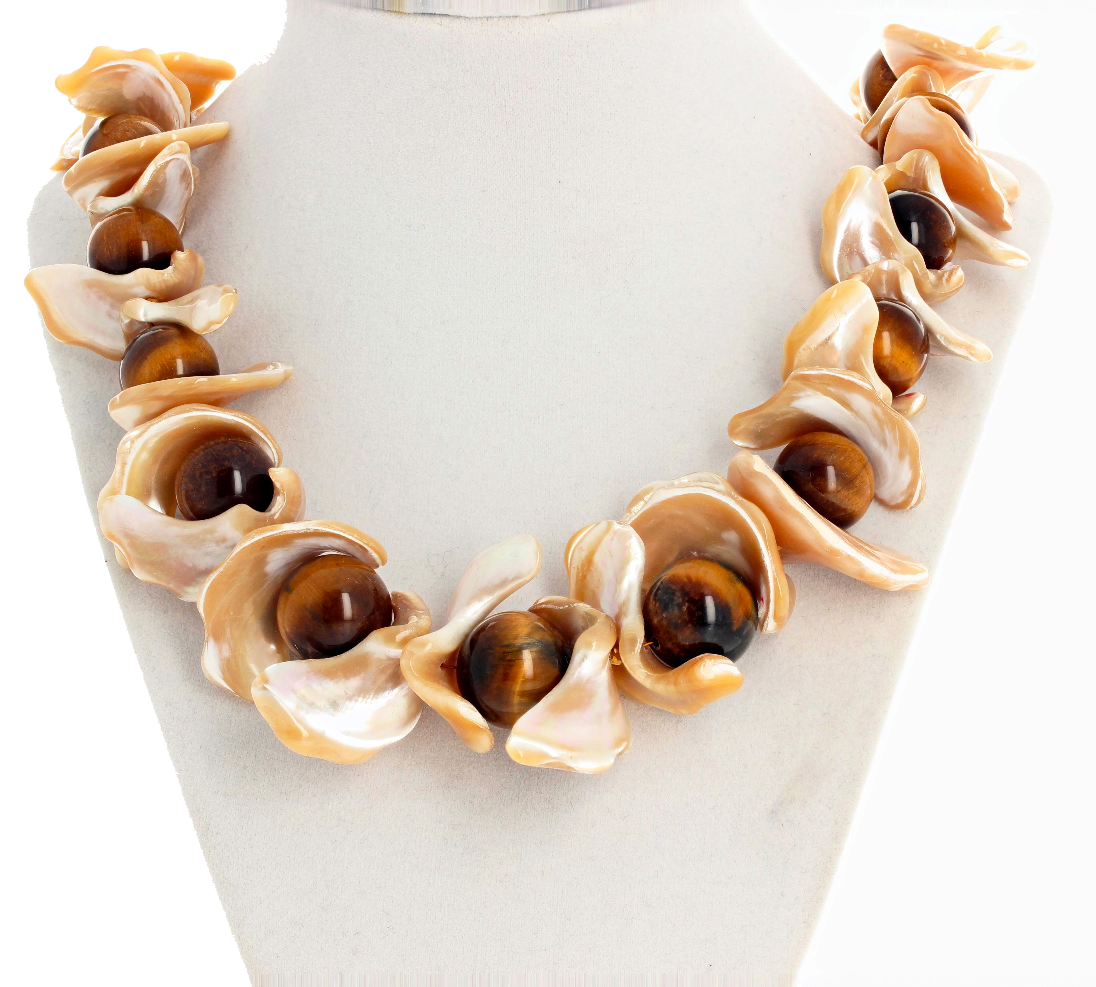 Mixed Cut AJD Dramatic Artistic Natural Glowing Pearl Shells & Tiger Eye Bead Necklace For Sale