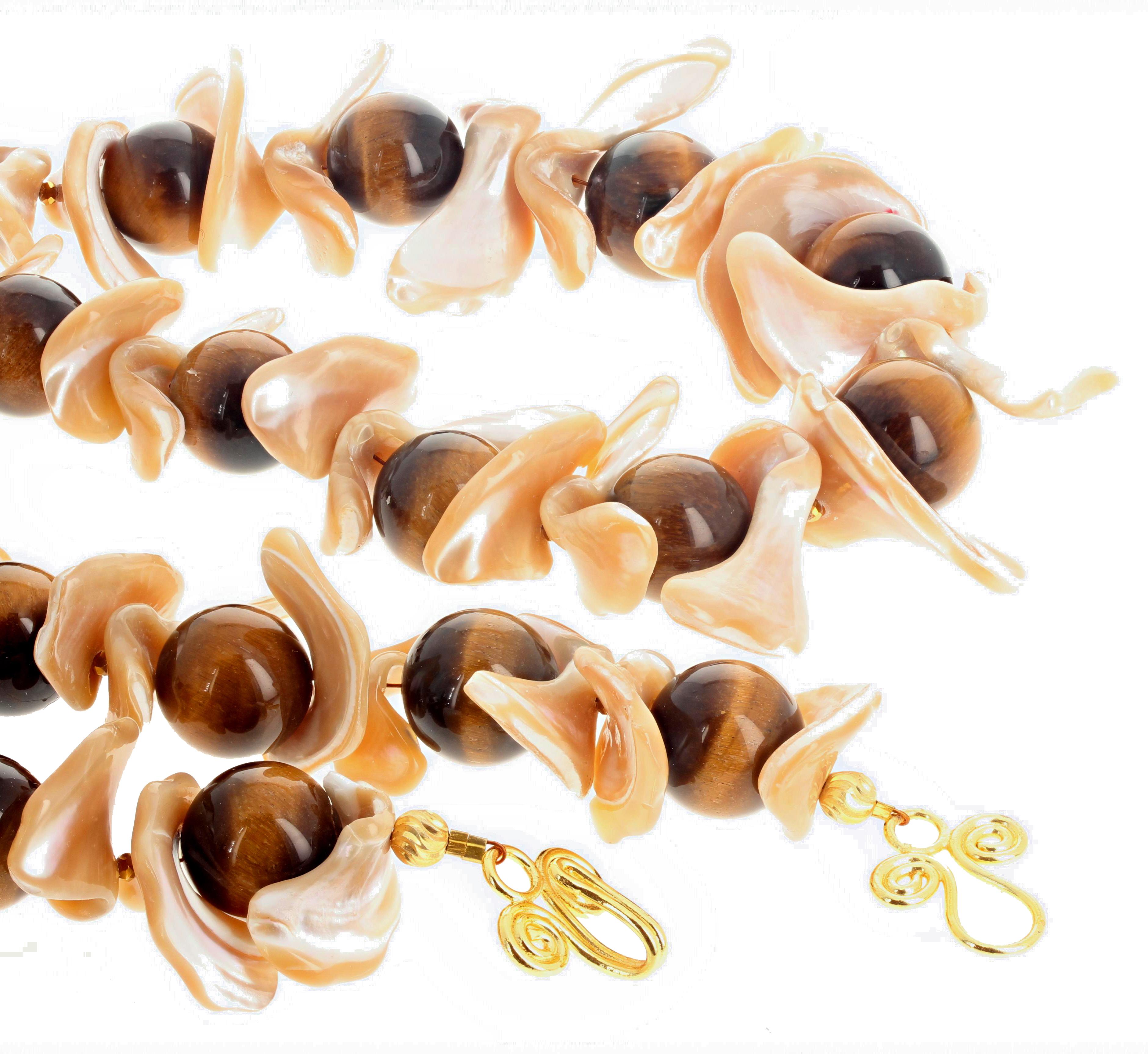 AJD Dramatic Artistic Natural Glowing Pearl Shells & Tiger Eye Bead Necklace In New Condition For Sale In Raleigh, NC