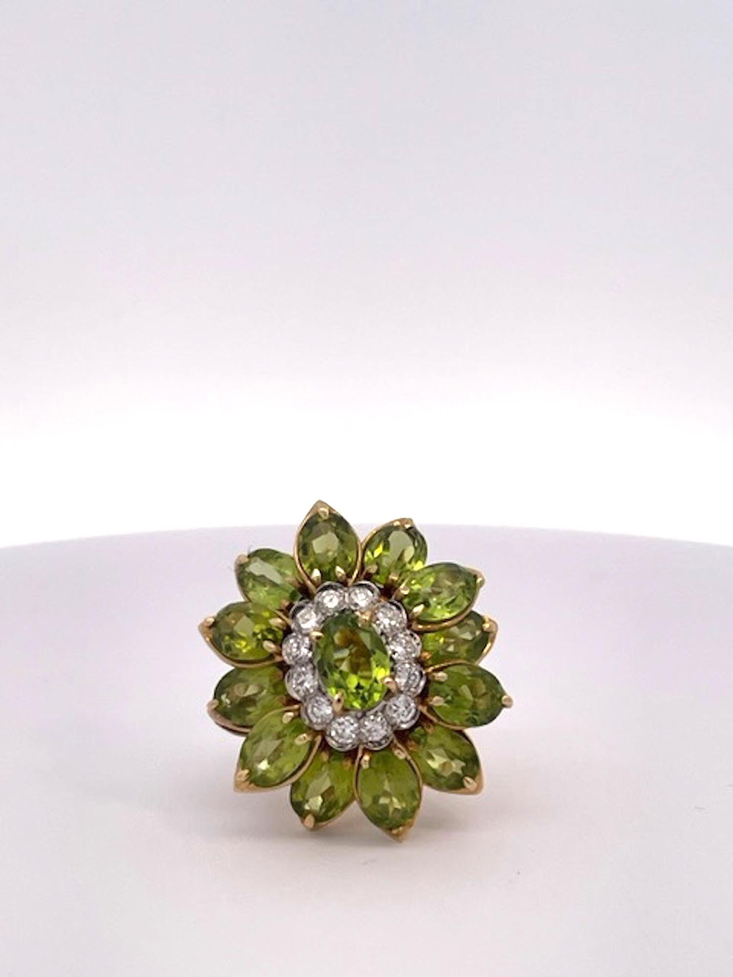 Marquise Cut Huge Peridot Diamond Glamour Ring 14K For Sale