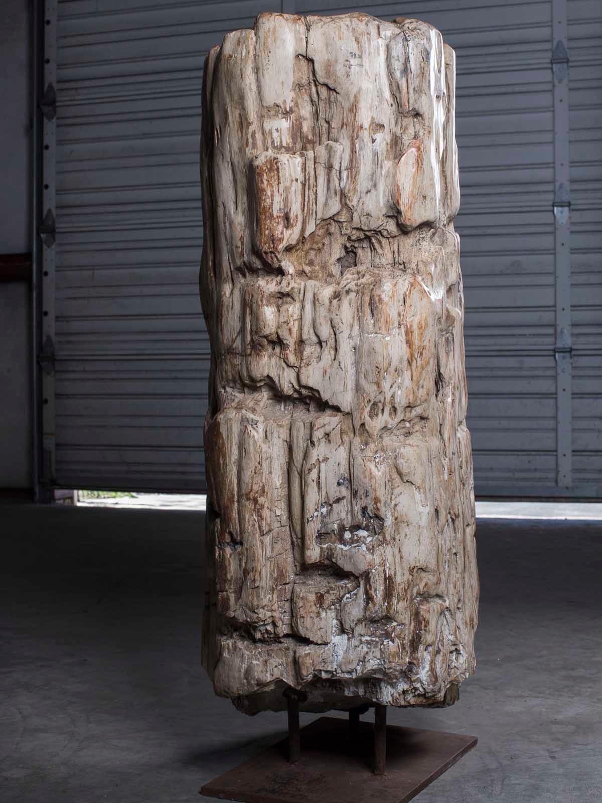 Huge Petrified Tree Trunk Pedestal Column Table on Custom Iron Stand For Sale 1