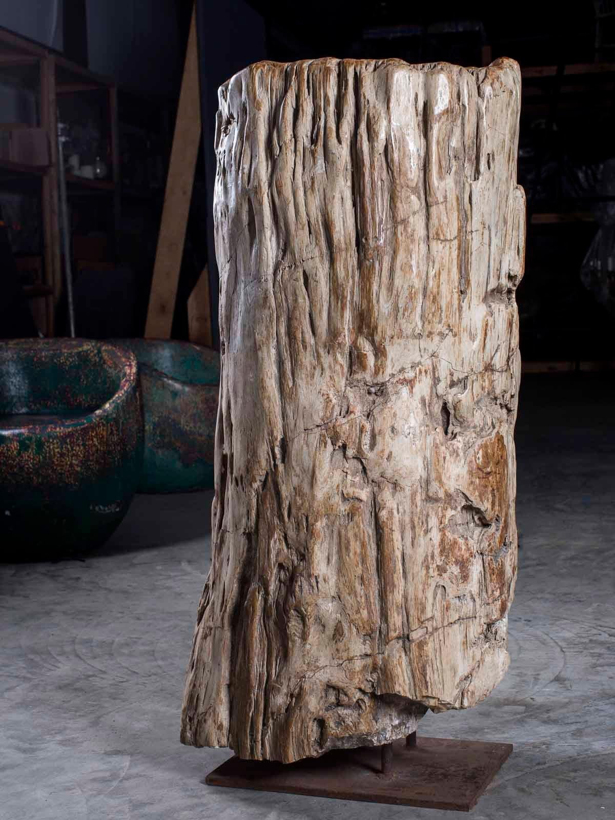 Huge Petrified Tree Trunk Pedestal Column Table on Custom Iron Stand For Sale 3