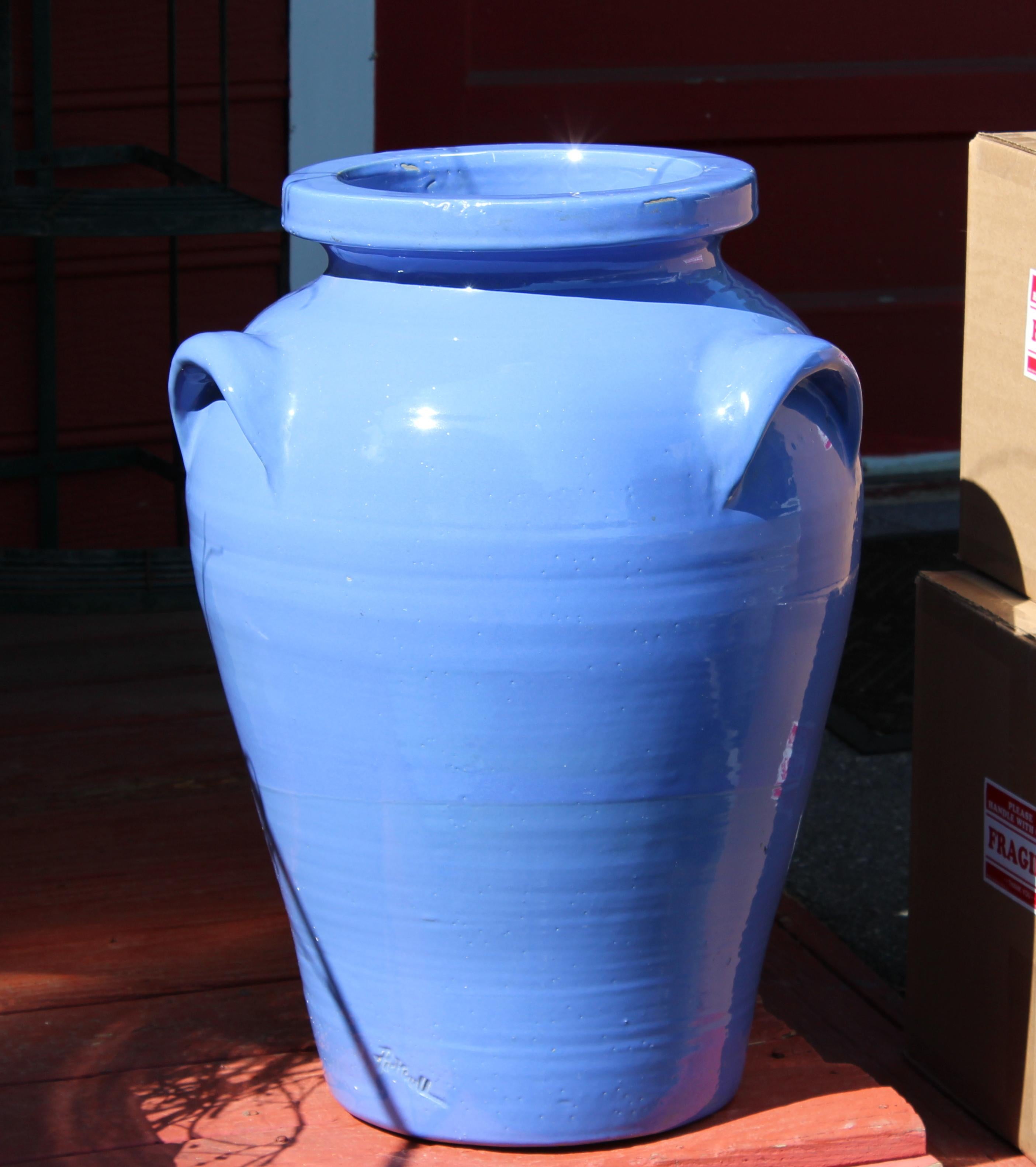 Huge, old, hand-turned and signed Hank Pickrull 3 handled Zanesville pottery floor vase for the Old Pot Shop in Norwalk, CT. Stands straight and has a terrific deep sky blue glaze, circa 1920s. Incised Pickrull on side near foot and stamped Old Pot