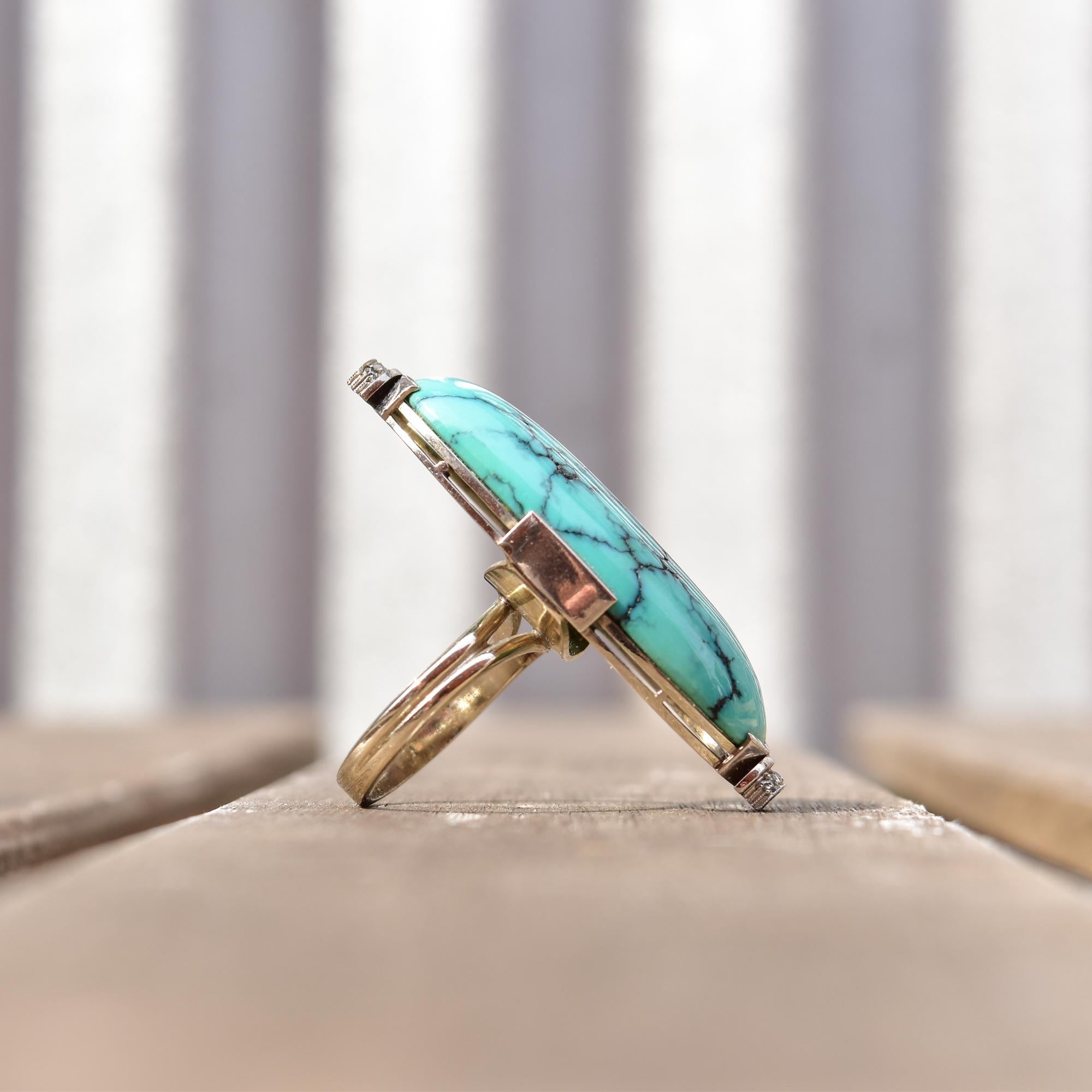 Statement-Ring aus Platin mit Türkis-Cabochon-Diamant-Akzent aus 14 Karat Weißgold im Zustand „Gut“ im Angebot in Philadelphia, PA
