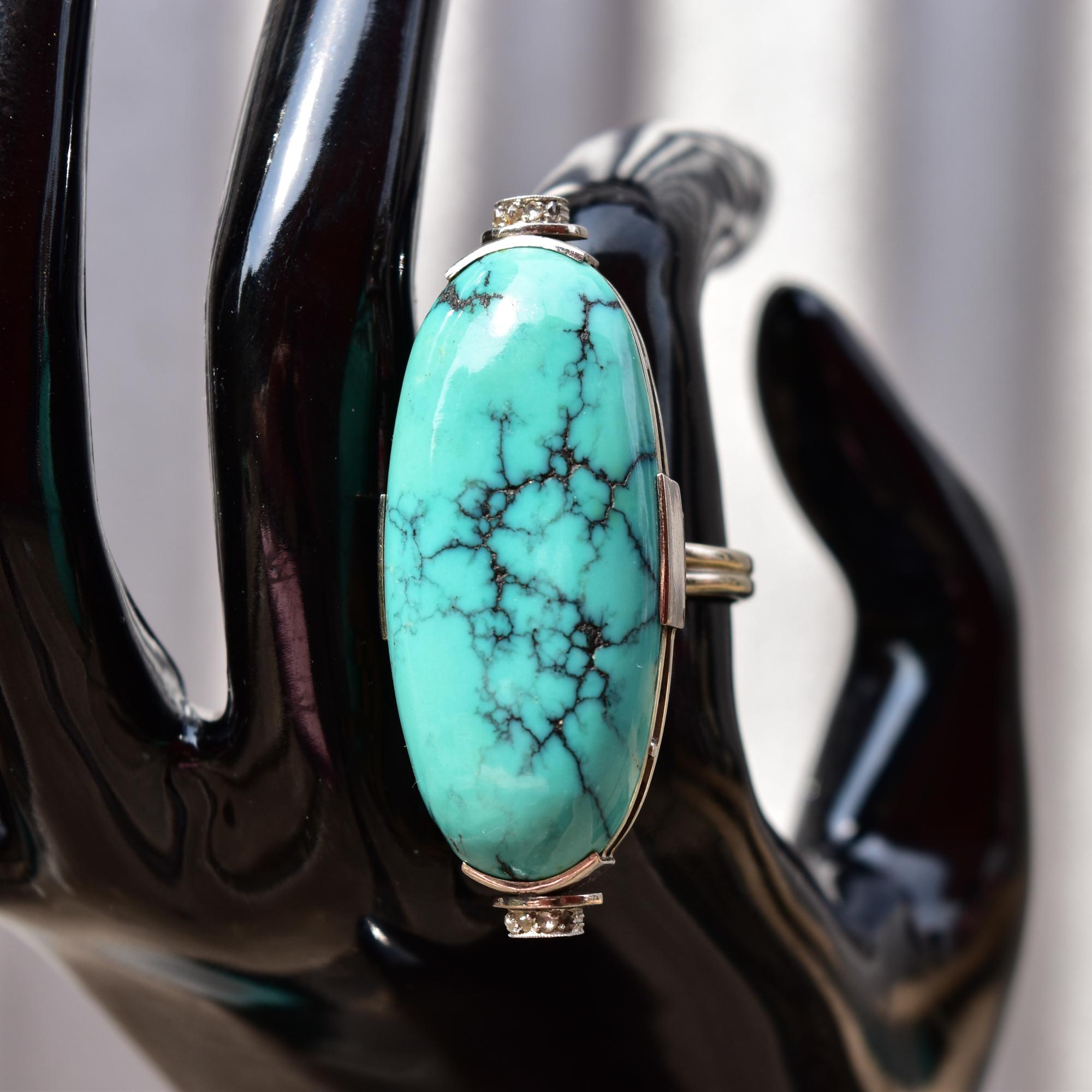Huge Platinum Turquoise Cabochon Diamond Accent Statement Ring W/ 14K White Gold In Good Condition For Sale In Philadelphia, PA