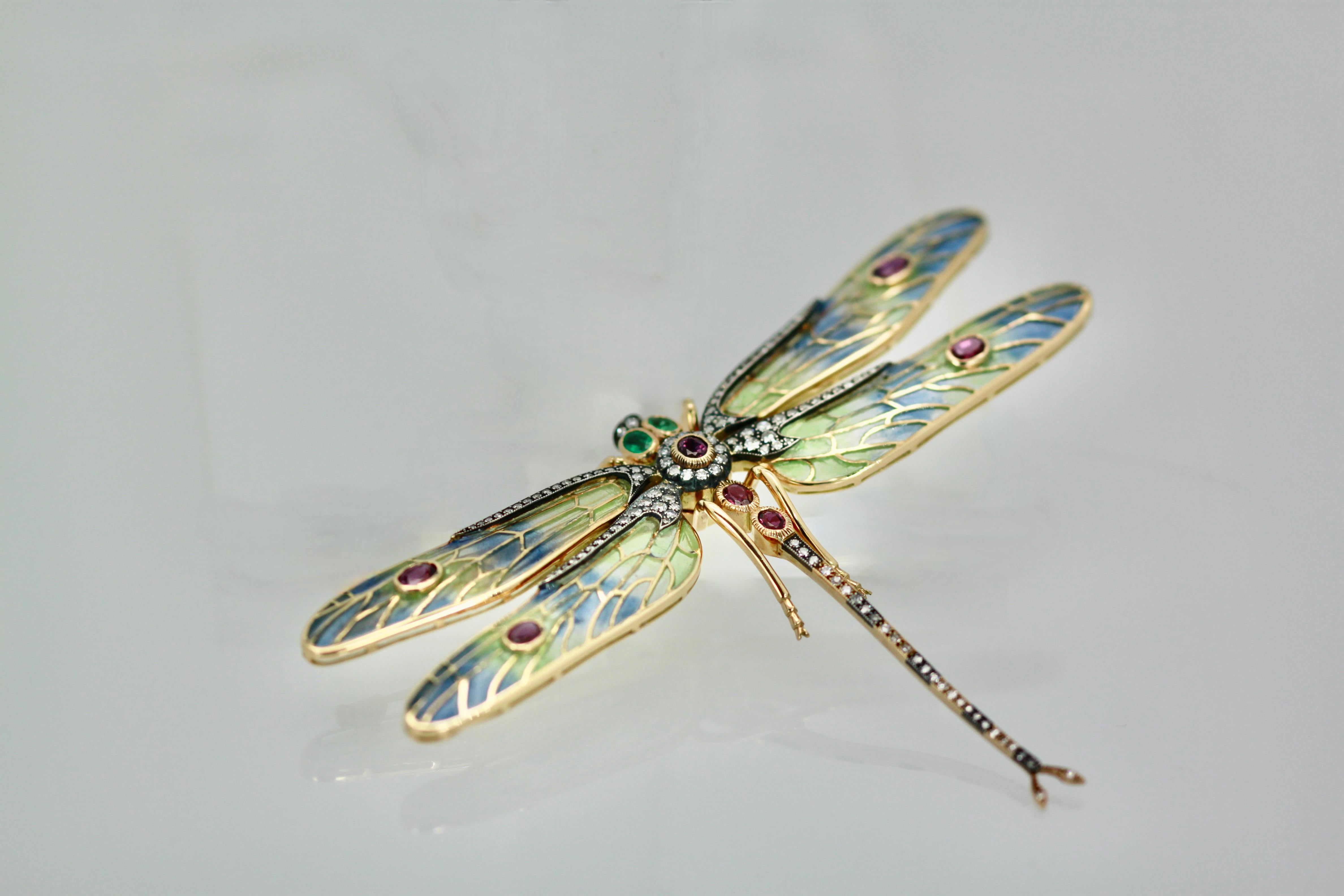 Round Cut Huge Plique a Jour Diamond Gemstone Dragonfly 18K