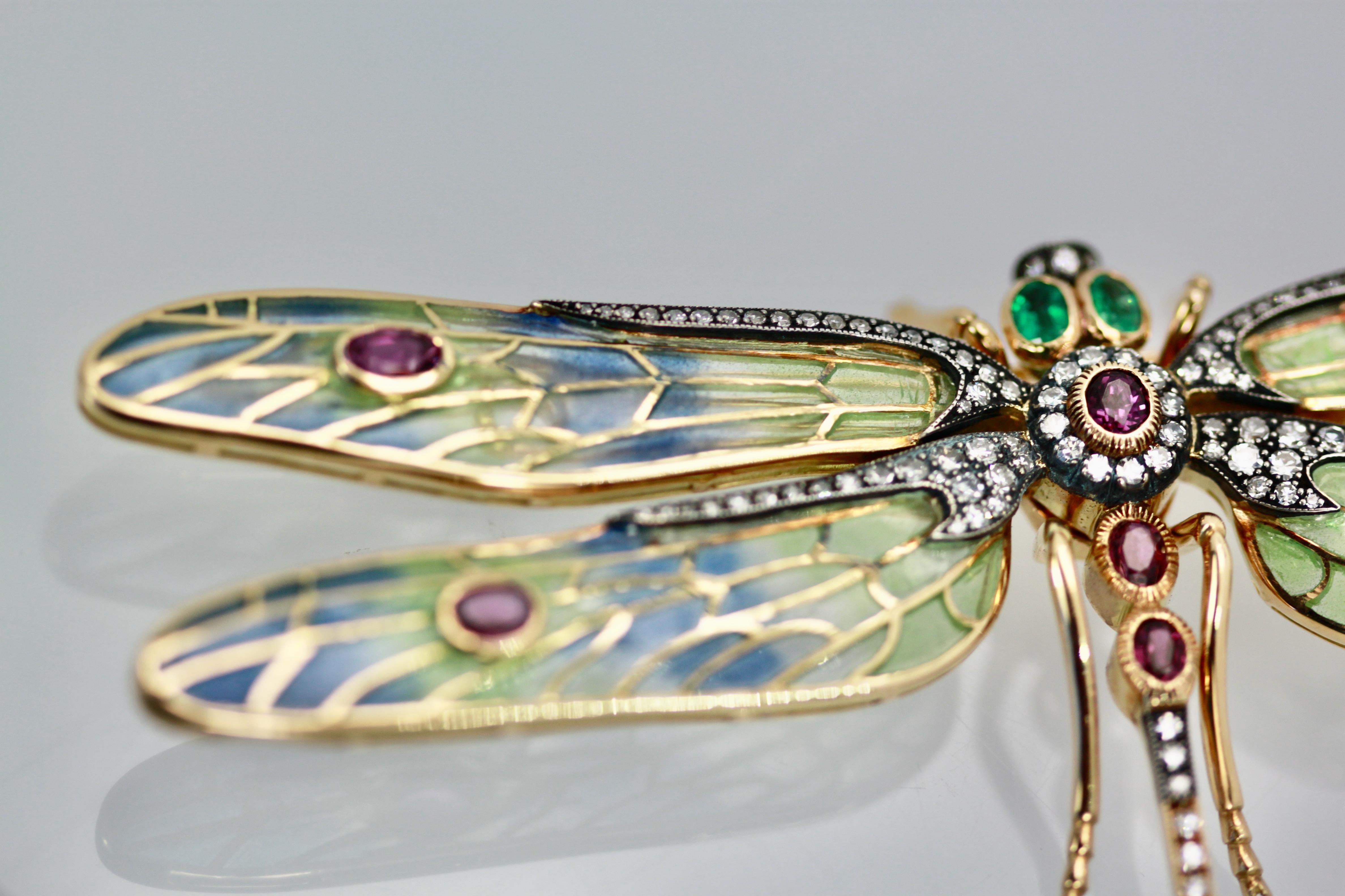 Huge Plique a Jour Diamond Gemstone Dragonfly 18K In Excellent Condition In North Hollywood, CA
