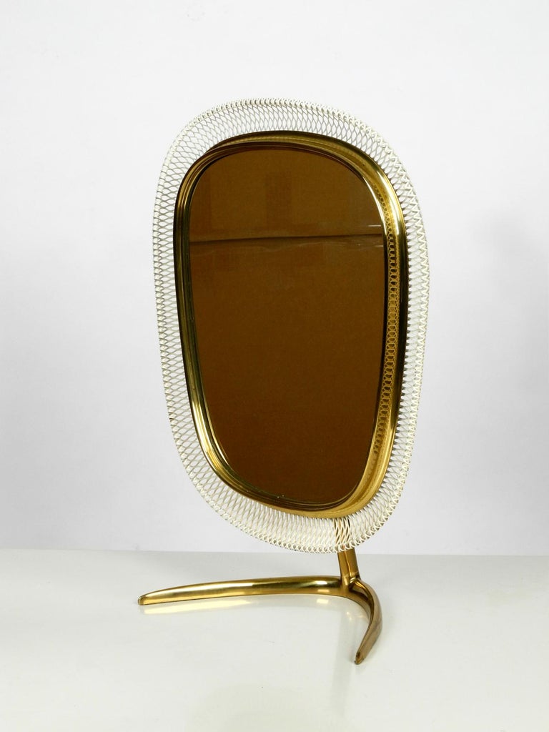 Huge Portable MidCentury Modern Table Mirror with Brass Foot, Metal