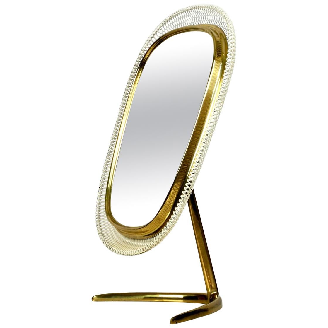 Huge Portable MidCentury Modern Table Mirror with Brass Foot, Metal