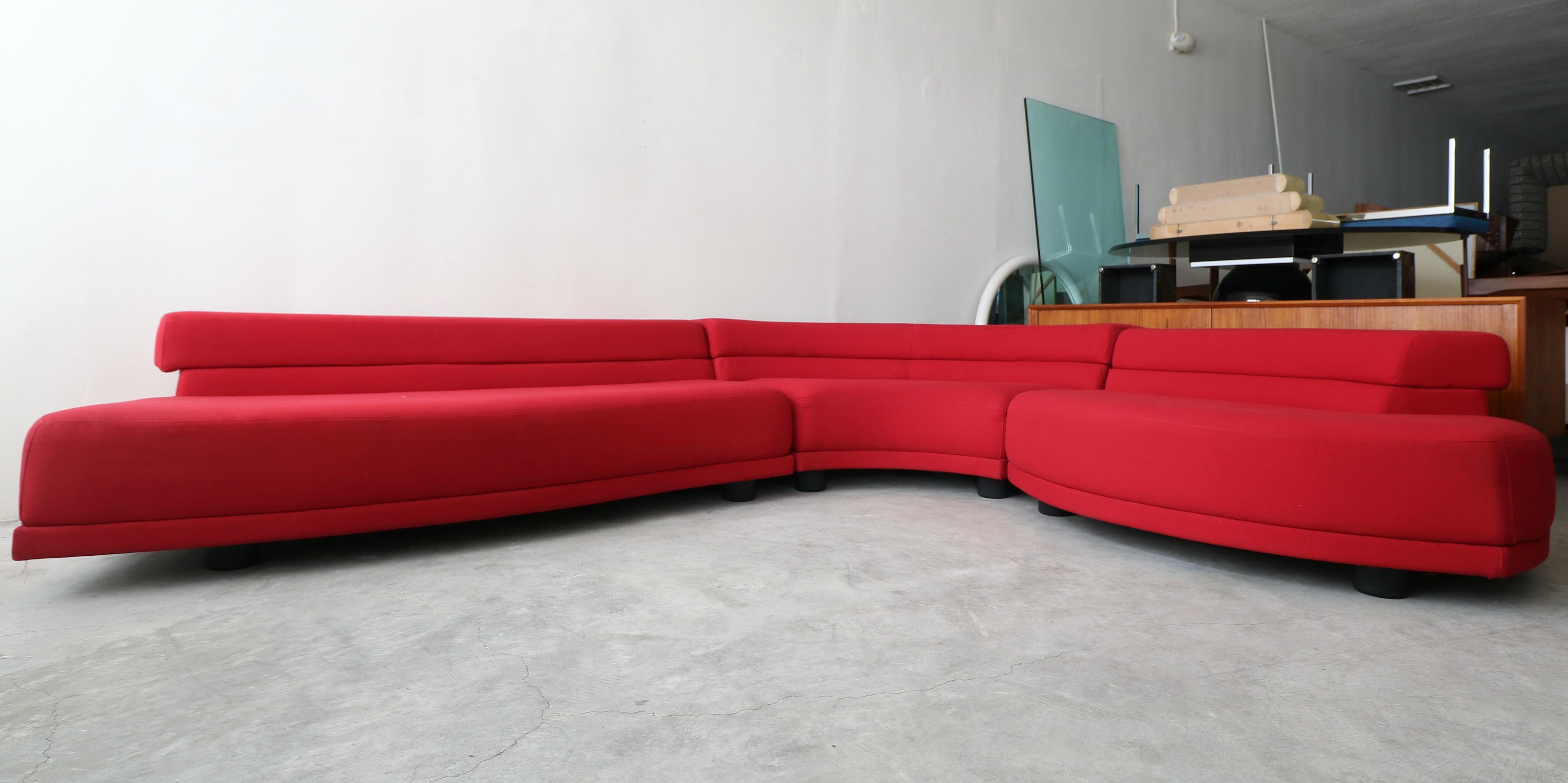This amazing Postmodern sofa is unlike any sofa I have ever seen. The quality of the construction lends me to think the sofa is Italian or other European in design, however the sofa came out of a prominent local estate that was full of mostly Knoll,