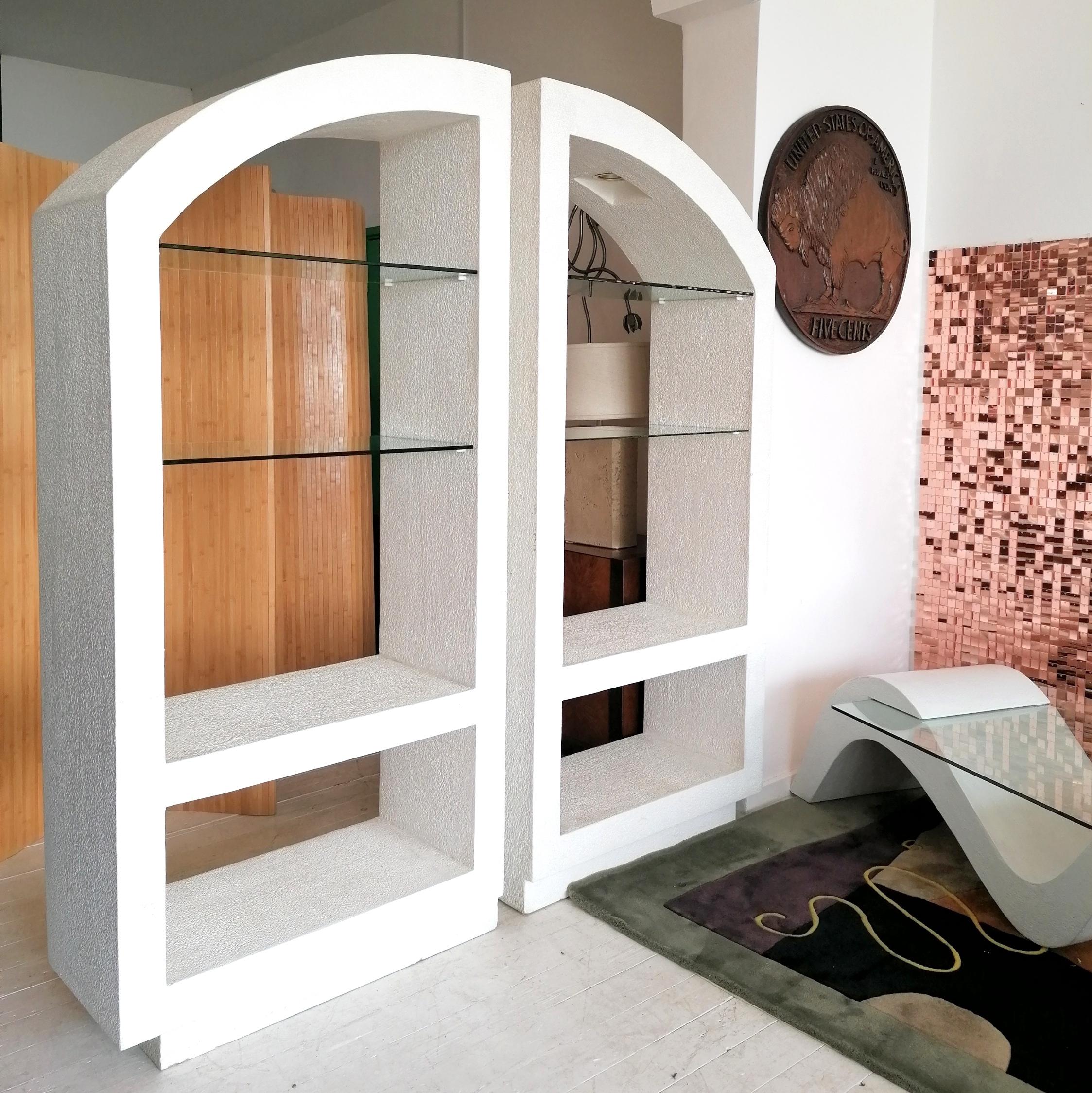 A pair of huge vintage postmodern architectural etageres, USA c1980s. The price £965 is for ONE etagere- but there are 2 available.
A rare find in the UK, they'd work equally well in Post Modern, or Modernist interior. Textured plaster over wood; 2