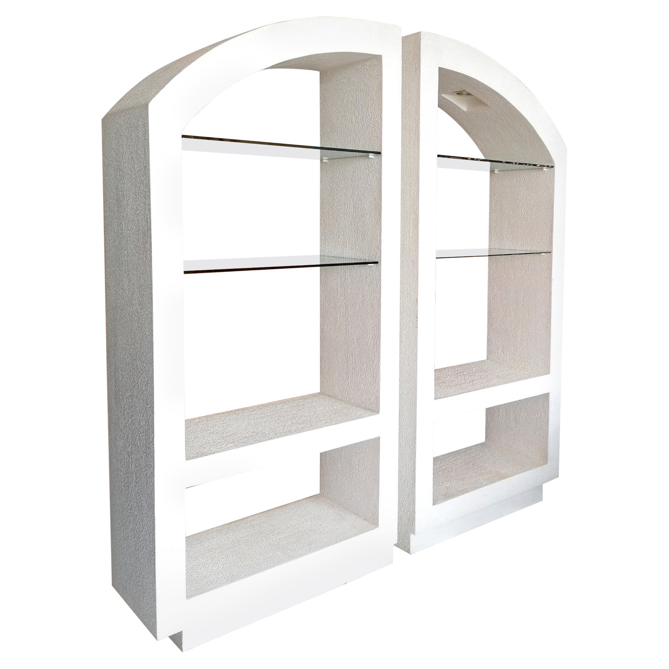 Huge Postmodern Architectural Etageres, USA C1980s, Textured Plaster & Glass