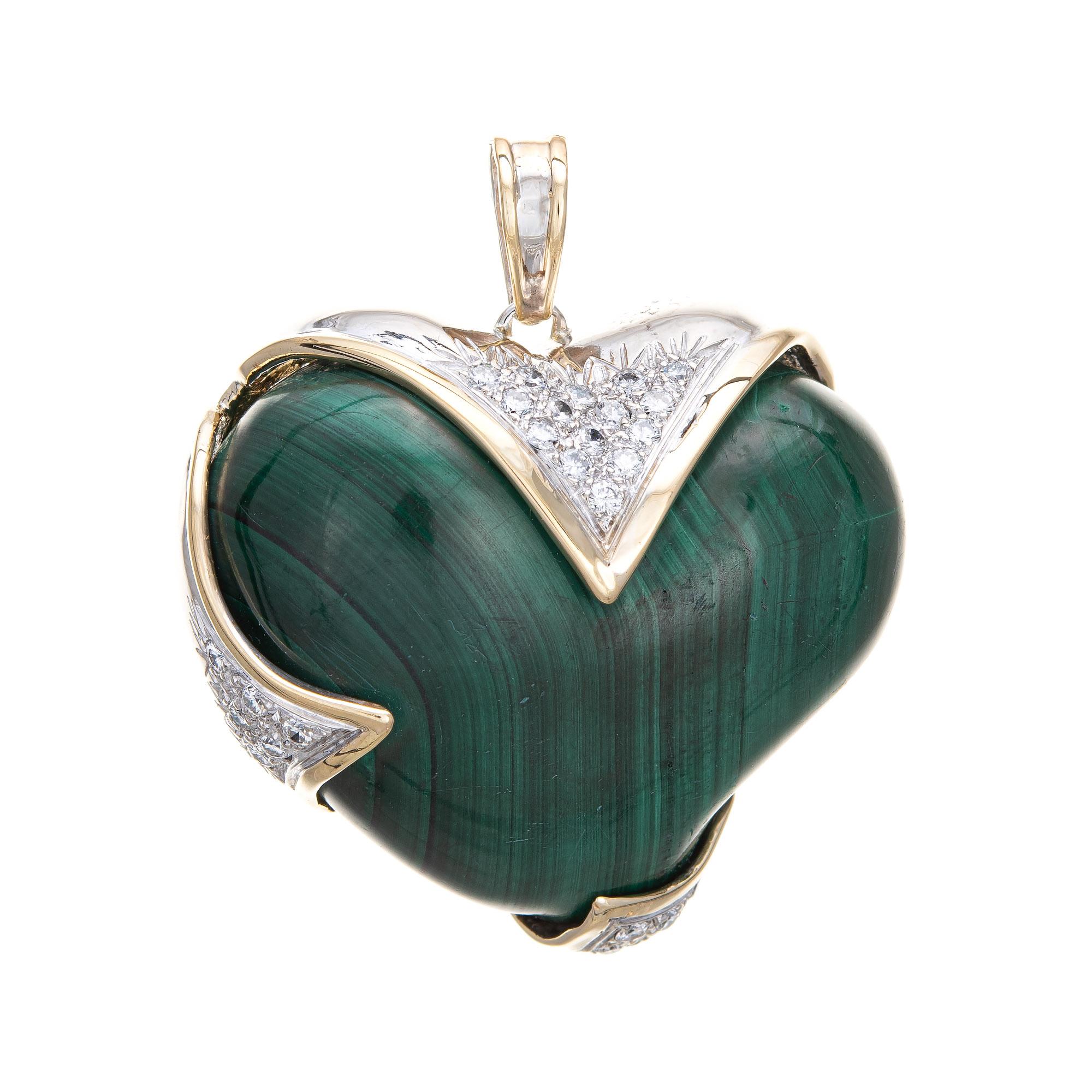 Heart Cut Huge Puffed Heart Pendant Malachite Diamond 14k Yellow Gold Heavy Jewelry For Sale