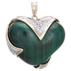 Vintage Huge Puffed Heart Pendant Malachite Diamond 14k Yellow Gold Heavy Jewelry